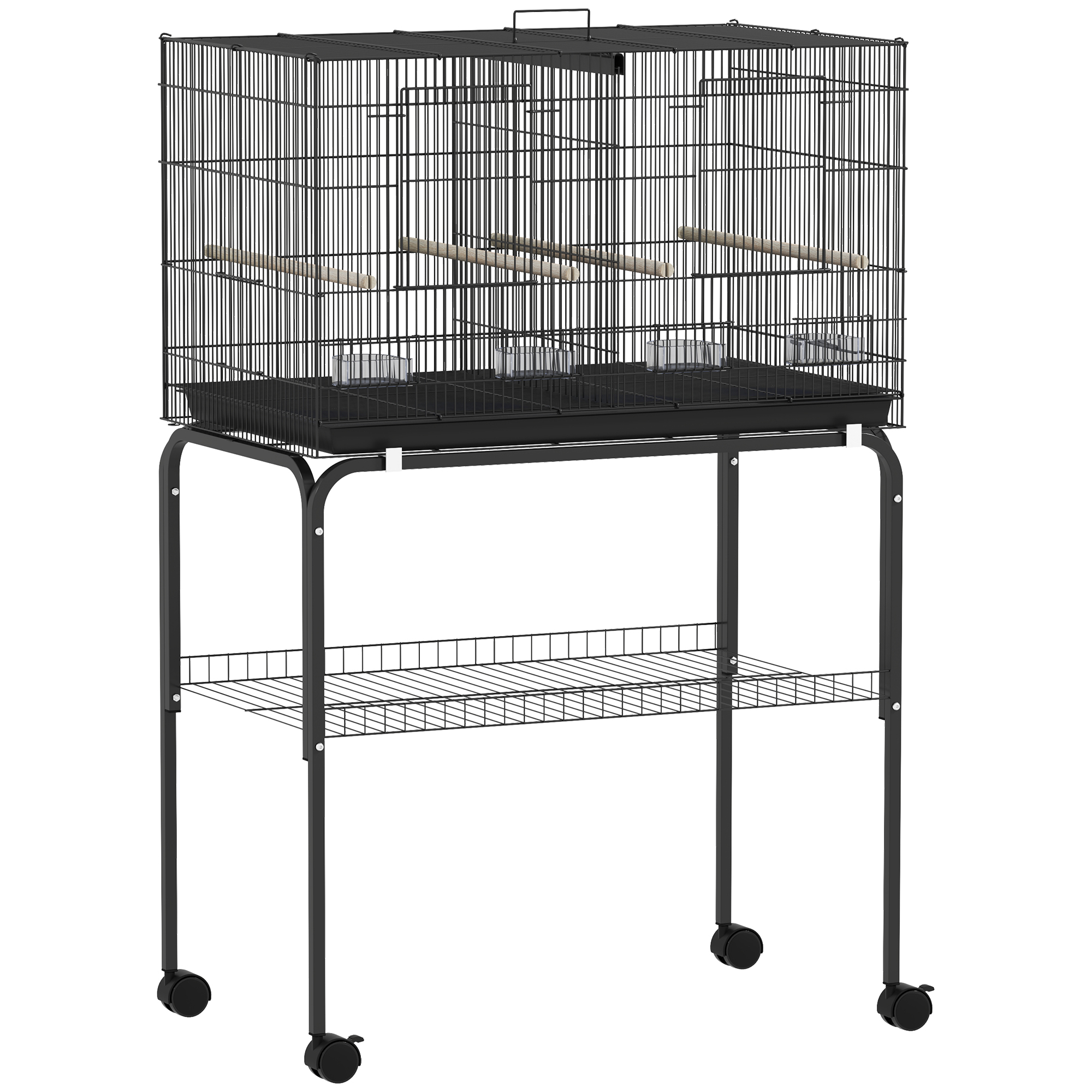 Lintuhäkki, pyörillä varustettu lintuhäkki, 2 ovea, 4 orrta, säilytyslokero, metallinen linnunpönttö 76x46x116cm, musta