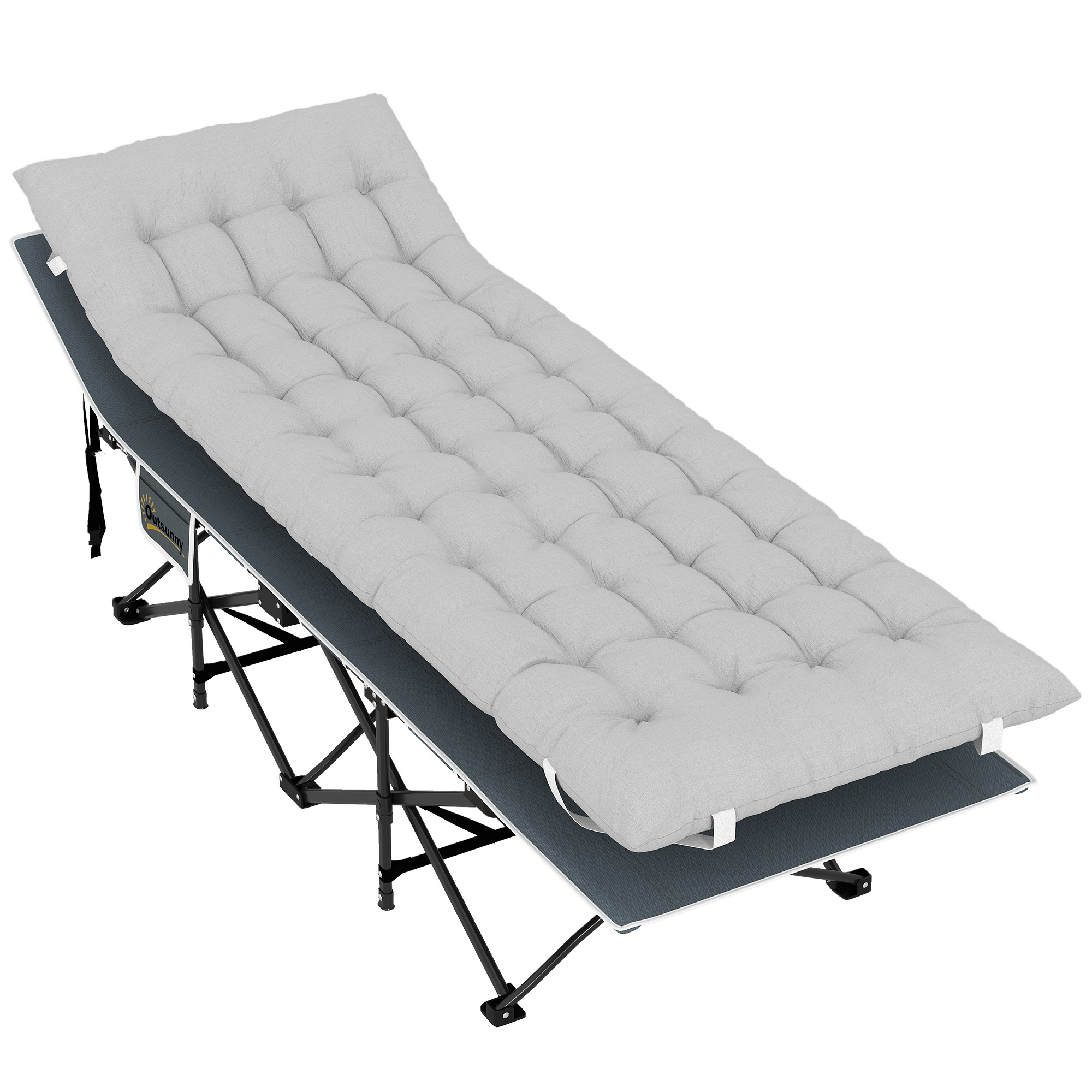 Kokoontaitettava retkisänky patjalla, tyynyllä ja sivutaskulla, 185 x 68 x 37 cm, enintään 150 kg, vaaleanharmaa
