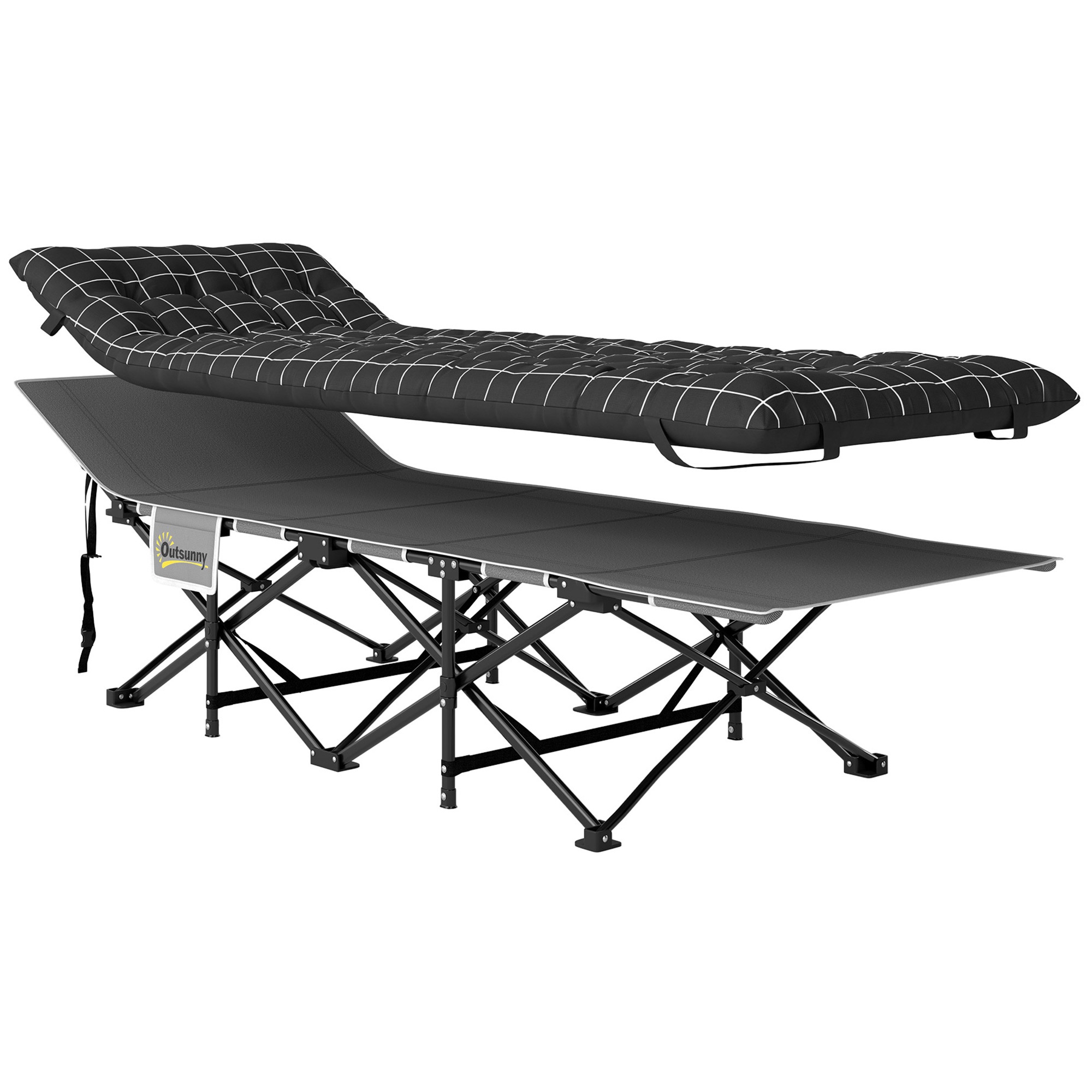 Kokoontaitettava retkisänky, retkisänky patjalla, ergonominen, metallirunko, musta