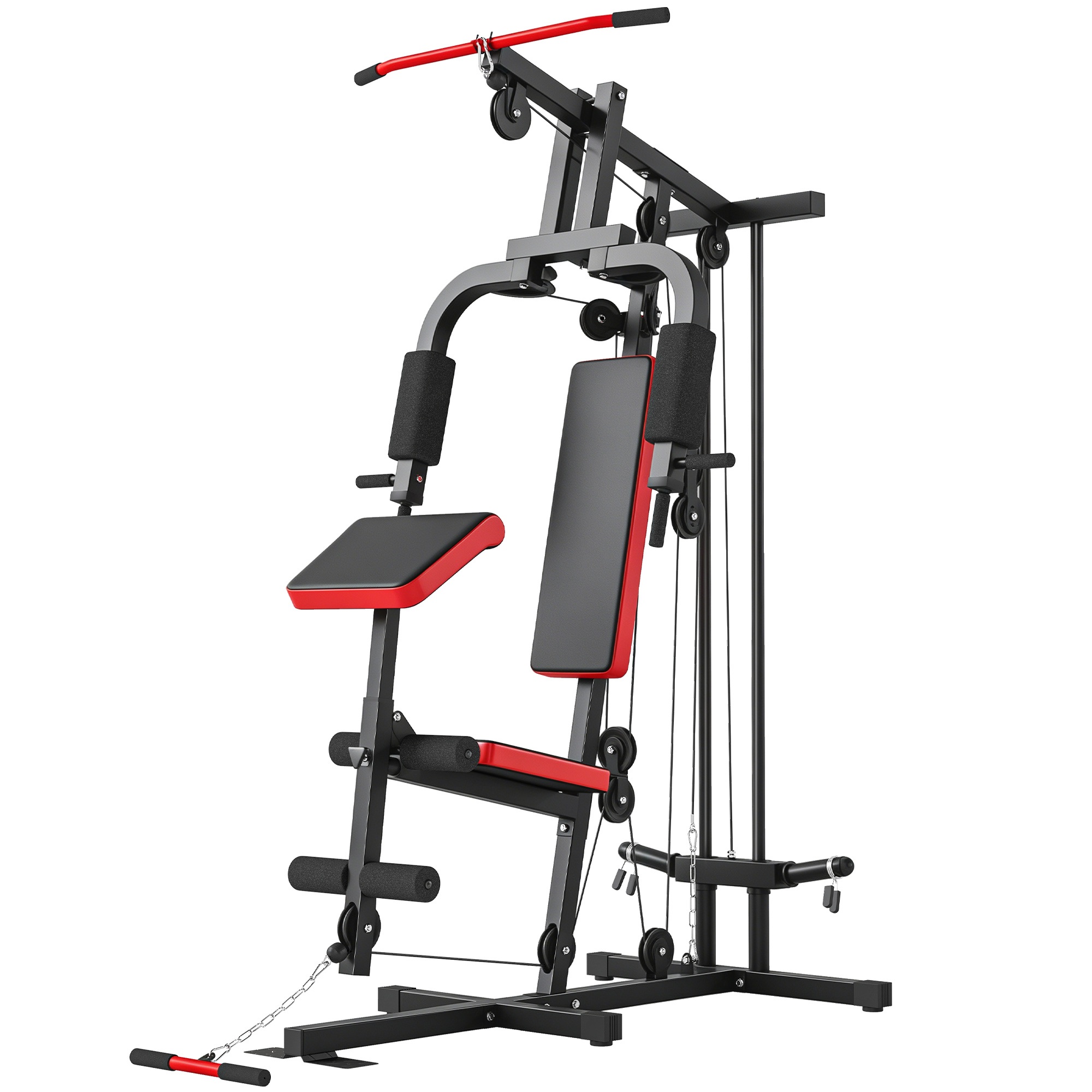 Power Rack -kuntoilupiste, jossa leuanveto, perhospunkki, säädettävä saarnaajapenkki, jalkojen treenilaite, jopa 120 kg, musta+punainen