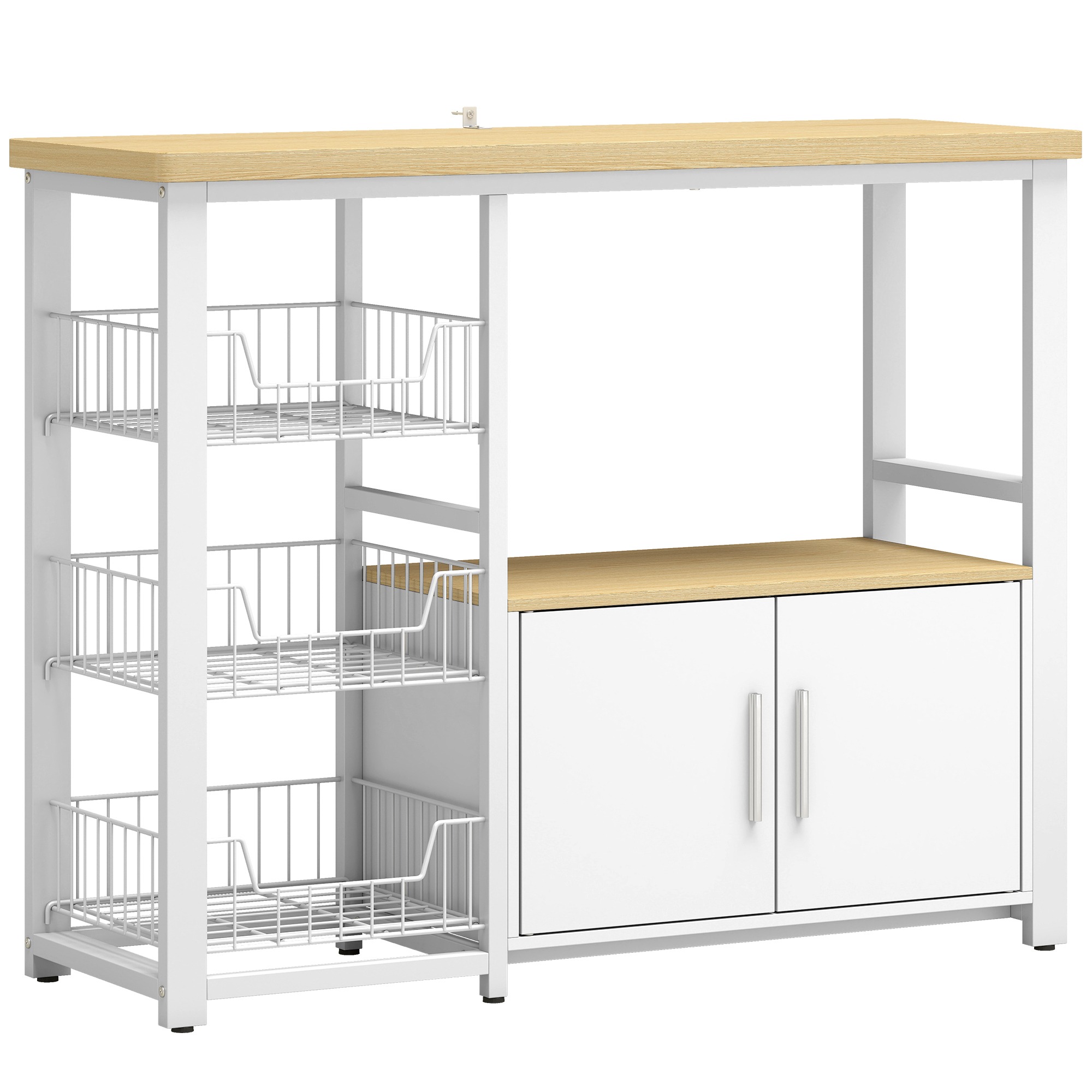 Keittiön hylly säilytystilalla, mikroaaltouunin hylly 3 korilla ja kaapilla, 100 x 35 x 80 cm, valkoinen