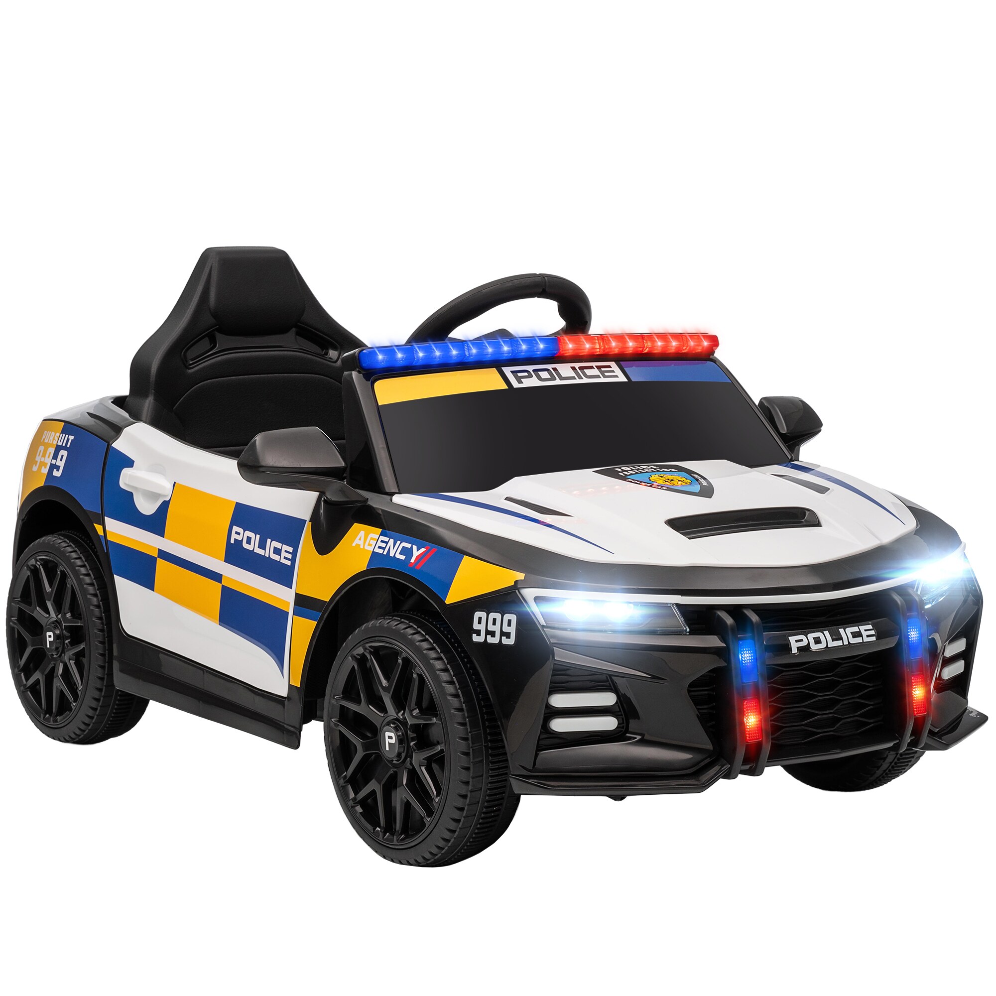 12 V lasten sähköinen poliisiauto kaukosäätimellä, sireenillä, varoitusvalolla, musiikilla ja äänimerkillä, kaksoismoottorilla, jousituksella, valkoisella