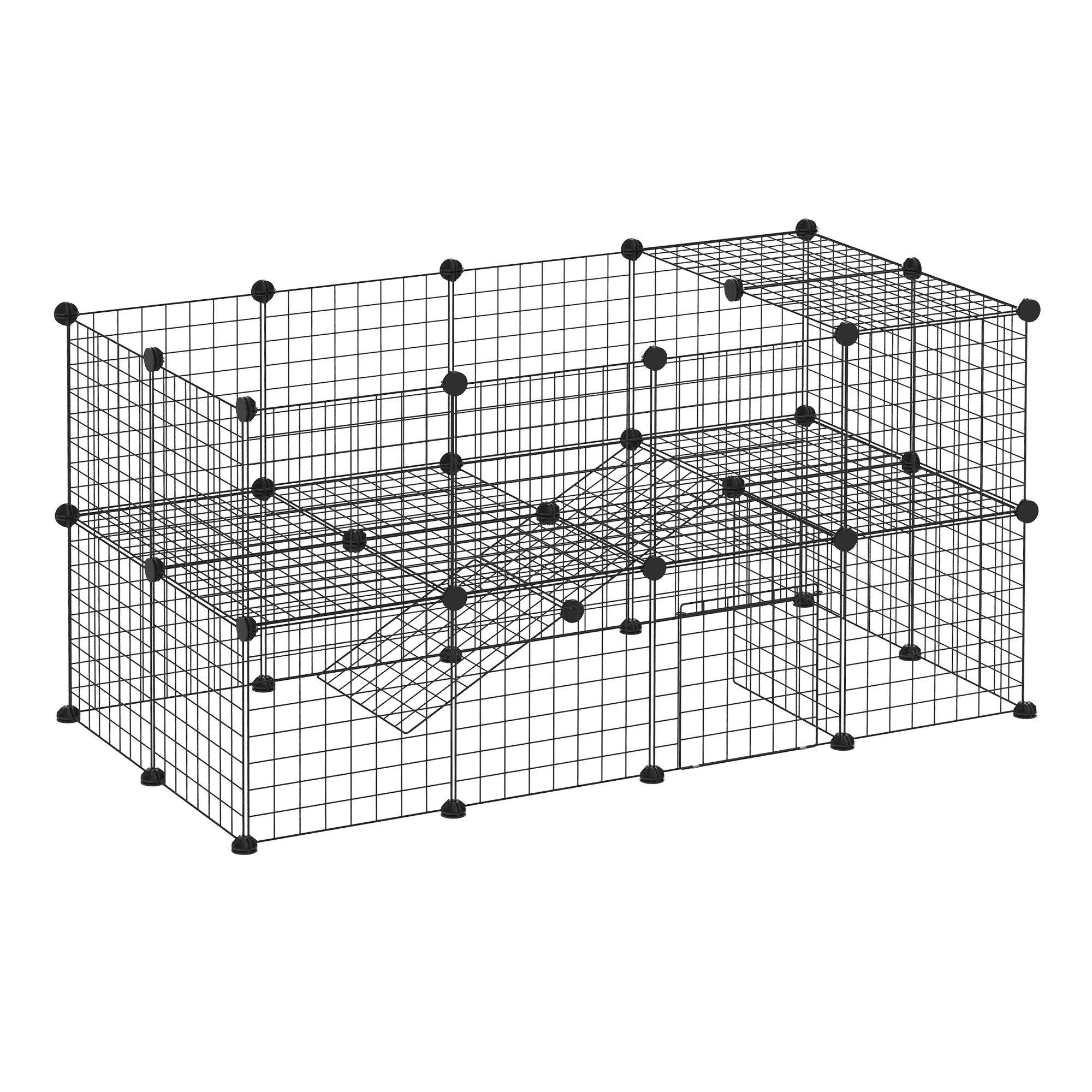 Ulkoaitaus, juoksupuisto, leikkiaitaus 36 paneelilla, pieneläinaitaus pienille eläimille, marsuille, sisä- ja ulkoaitaus, metalliverkko, 146 x 73 x 73 cm, musta