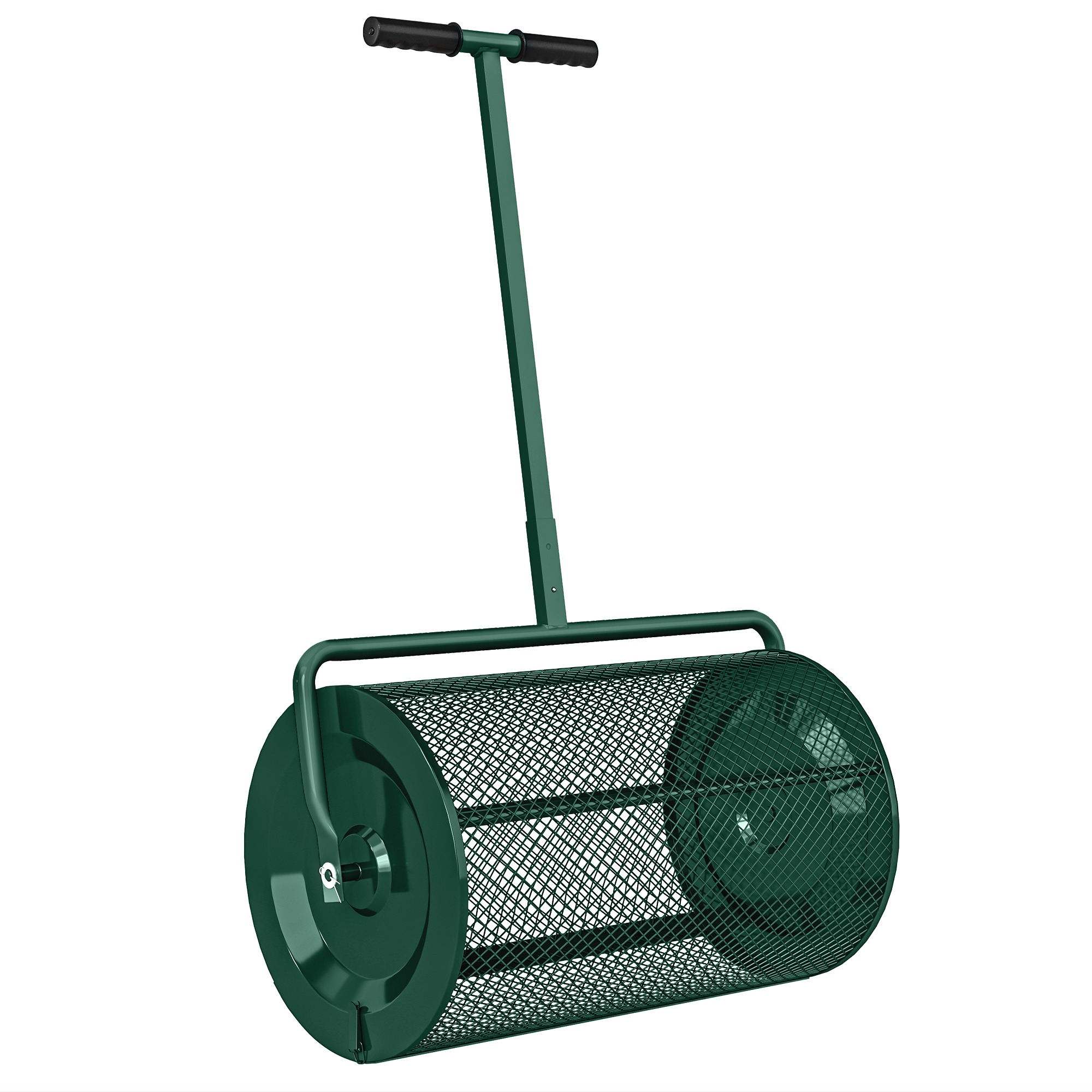 Kompostinlevitin 75L 61x40cm lannoitteenlevitin nurmikkopuutarha T-kahvalla, verkkokori, metallivihreä