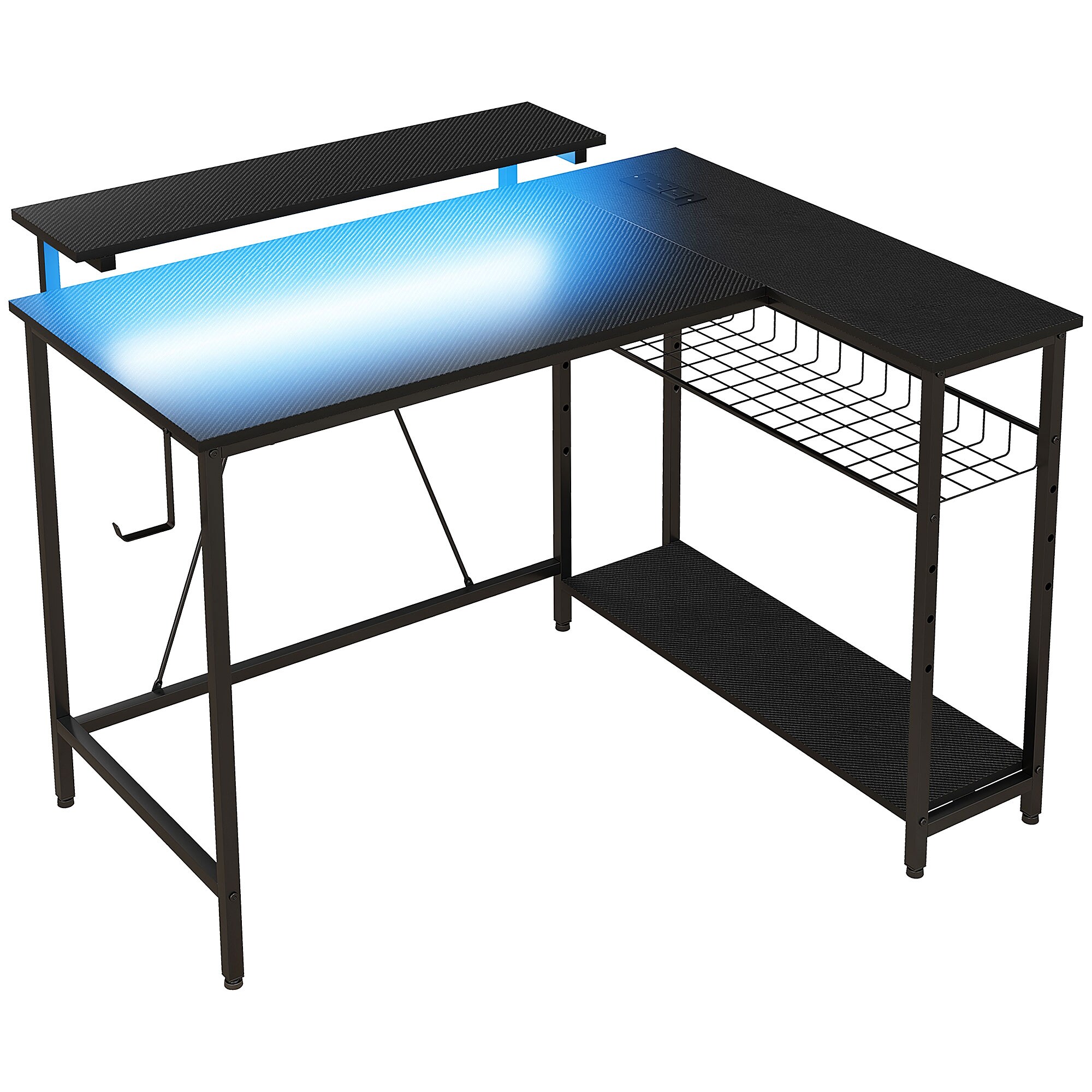 L-muotoinen työpöytä LED-valaistuksella, pistorasioilla, USB-porteilla, käännettävä tietokonepöytä hyllyllä, 107 x 80 x 90 cm, musta