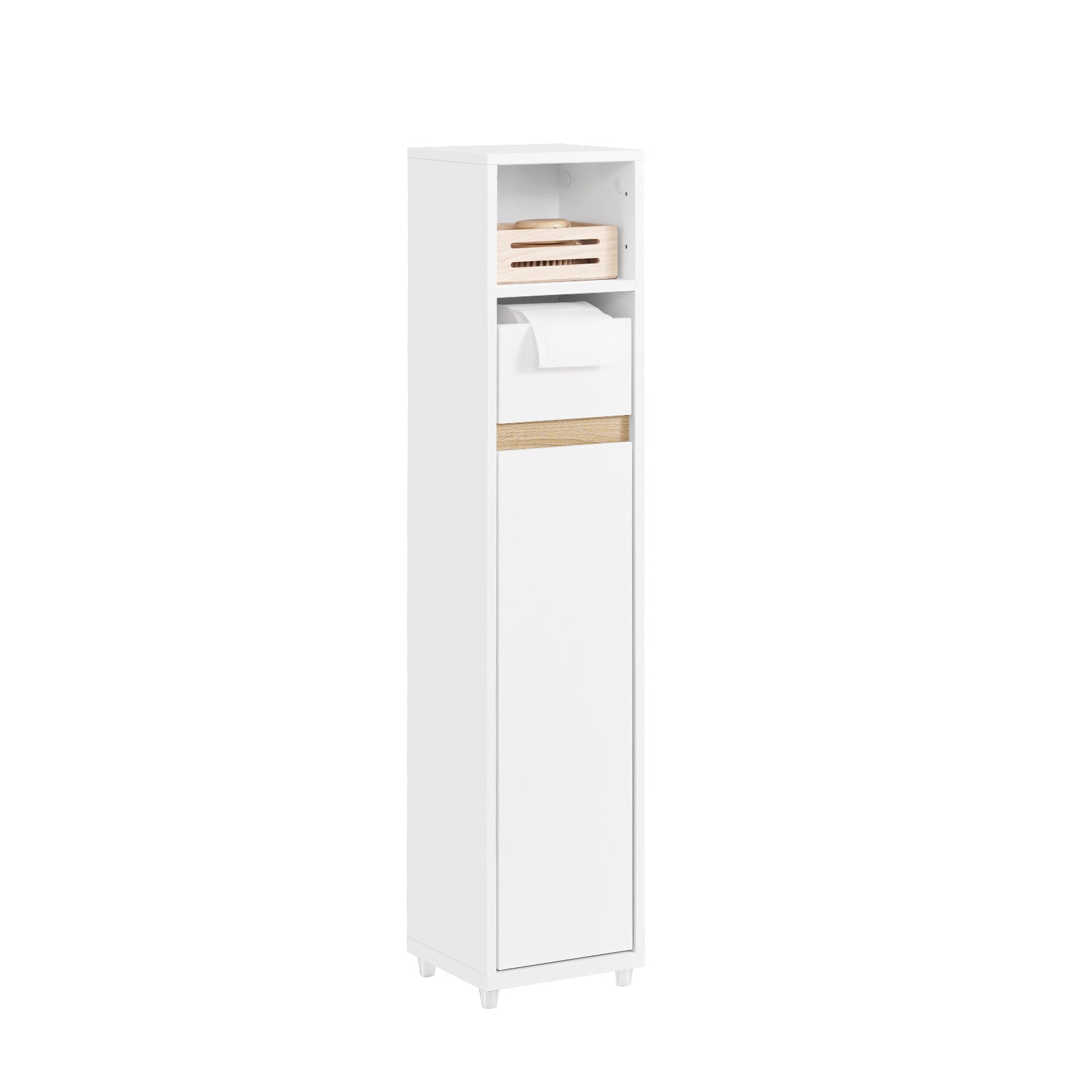 Kylpyhuoneen kaluste kapeisiin tiloihin - Kompakti säilytyskaappi säädettävällä hyllyllä ja laatikolla, kylpyhuoneeseen - Puiset valkoiset kalusteet, 20x20x96 cm