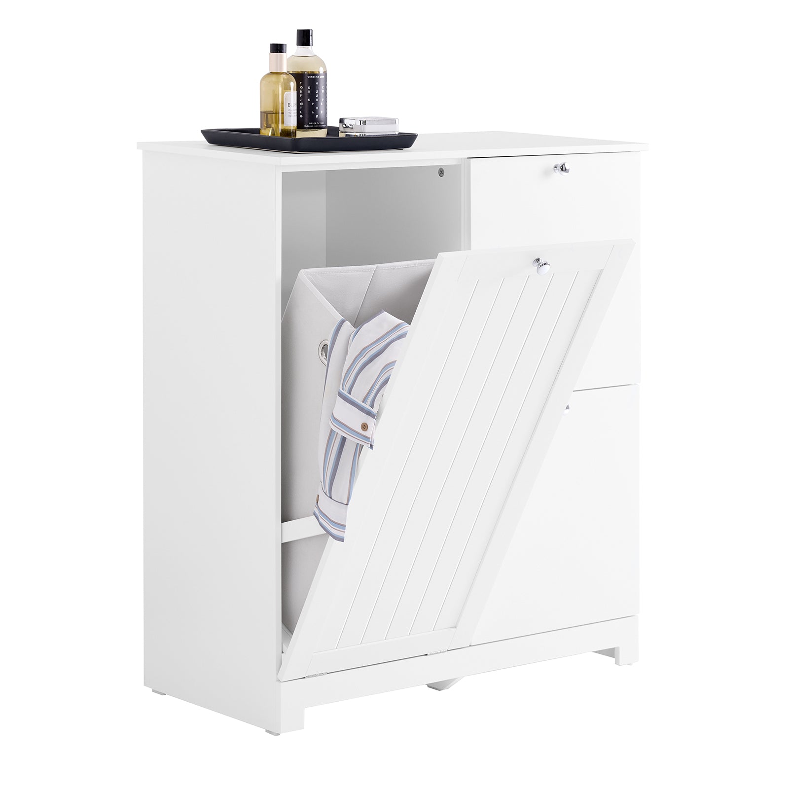 Kylpyhuoneen kaappi, jossa 3 pyykkikoria - kapea säilytyskaappi 78x38x90 cm, 1 suuri integroitu pyykkikori ja 2 irrotettavaa kangaskoria - tilaa säästävä kylpyhuoneen säilytysratkaisu