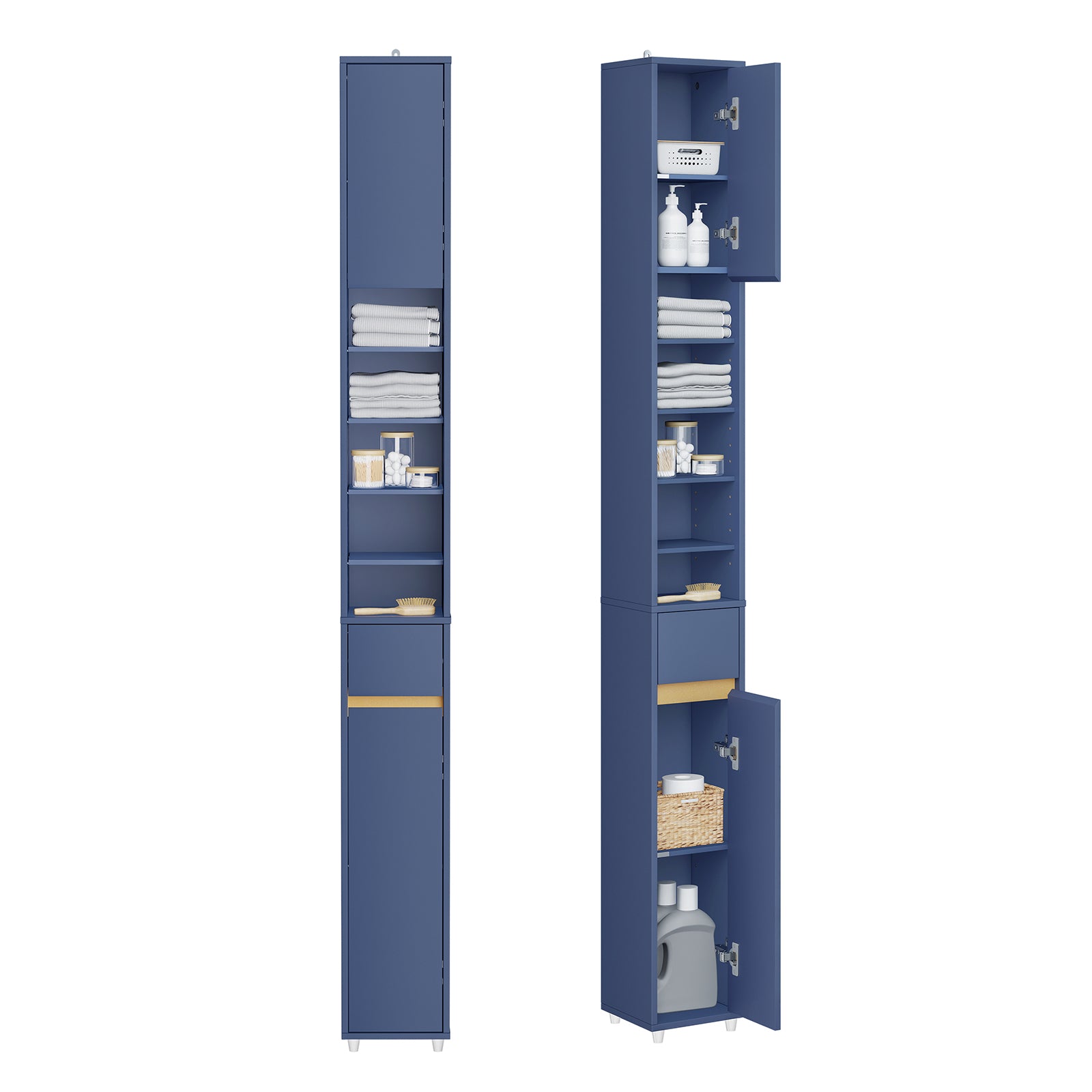 Kylpyhuoneen Kapea Kaappi 20 cm - Säilytyskaappi Laatikoilla ja Säädettävillä Hyllyillä - Kompakti Kylpyhuonekaluste WC:hen ja Pieniin Tilohin, MDF Sininen, 20x20x180 cm