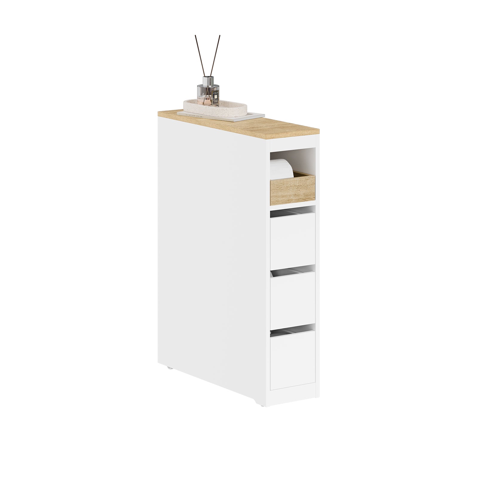Kapea WC-kaappi pyörillä - Tilaa säästävä kylpyhuoneen säilytyskaappi 3 laatikolla, valkoinen/puukuvio, 60 x 20 x 82,3 cm