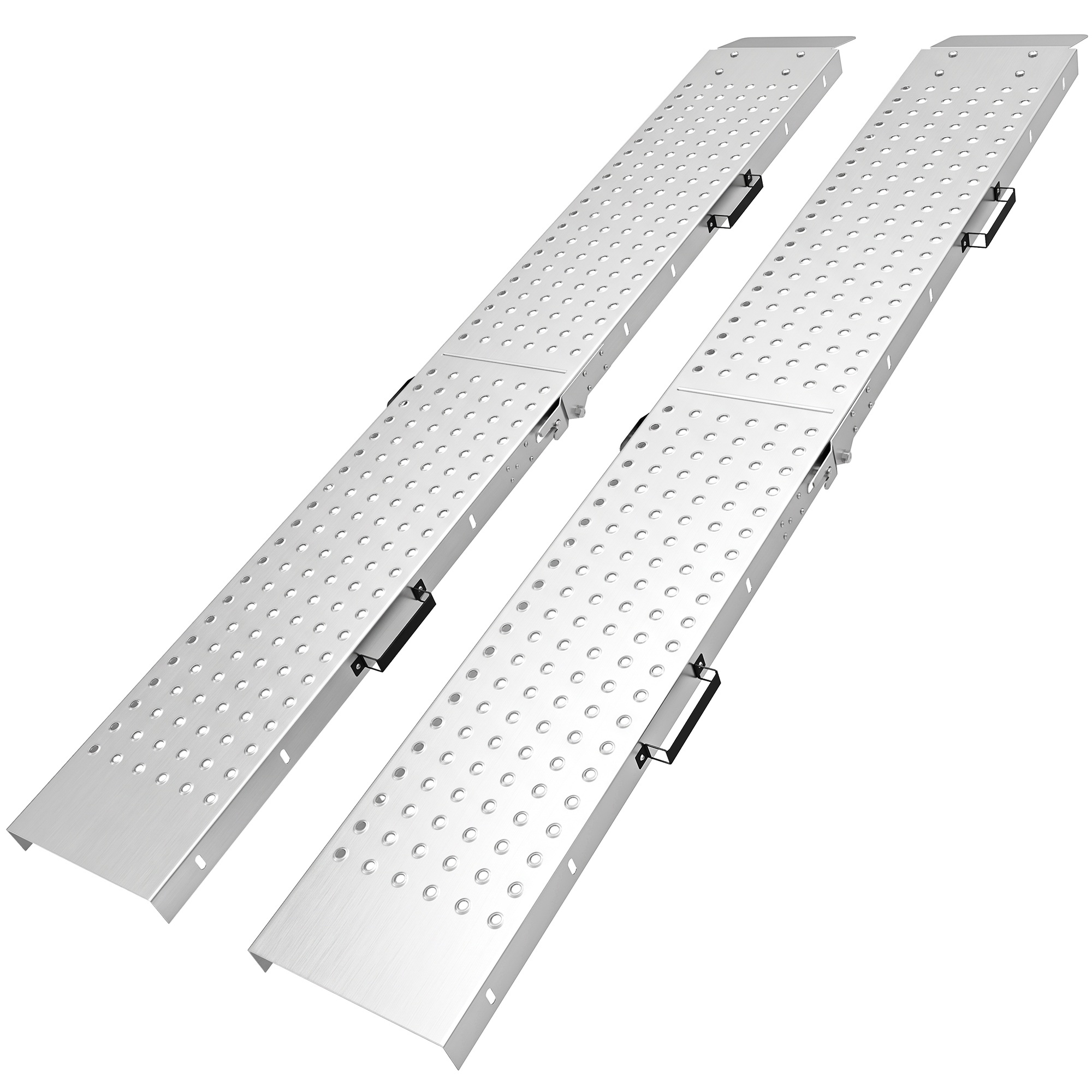 2 kpl kokoontaitettavia metallisia kynnysramppeja kahvoilla, kantavuus jopa 400 kg, renkaille jopa 22,5 cm leveydellä