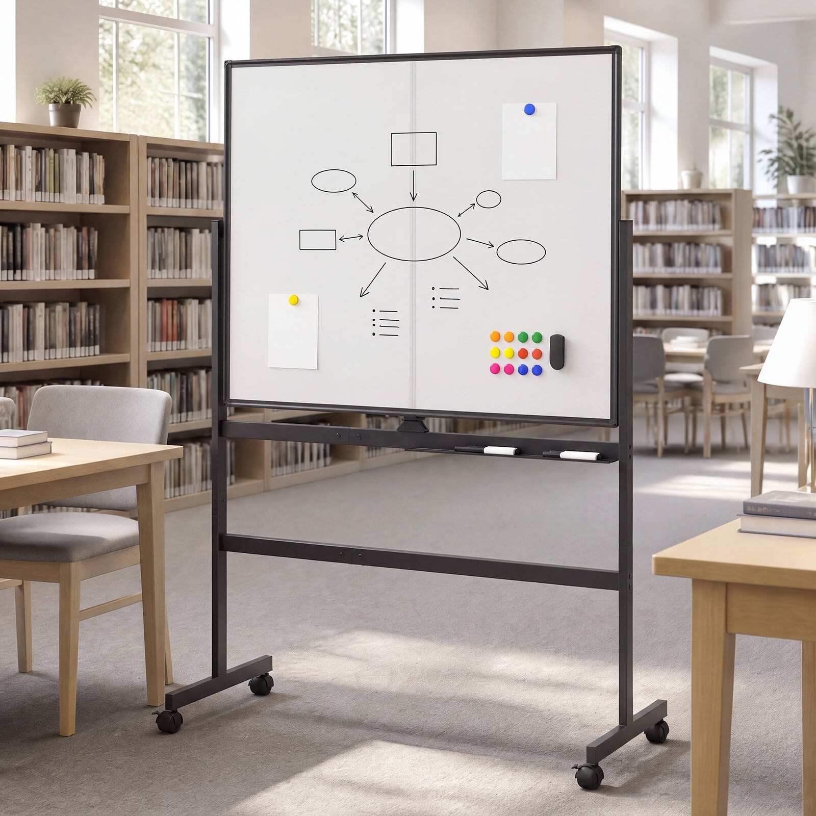 120 x 90 cm liikuteltava valkotaulu lukittavilla yleispyörillä ja kaksipuolisella magneettipinnalla - musta
