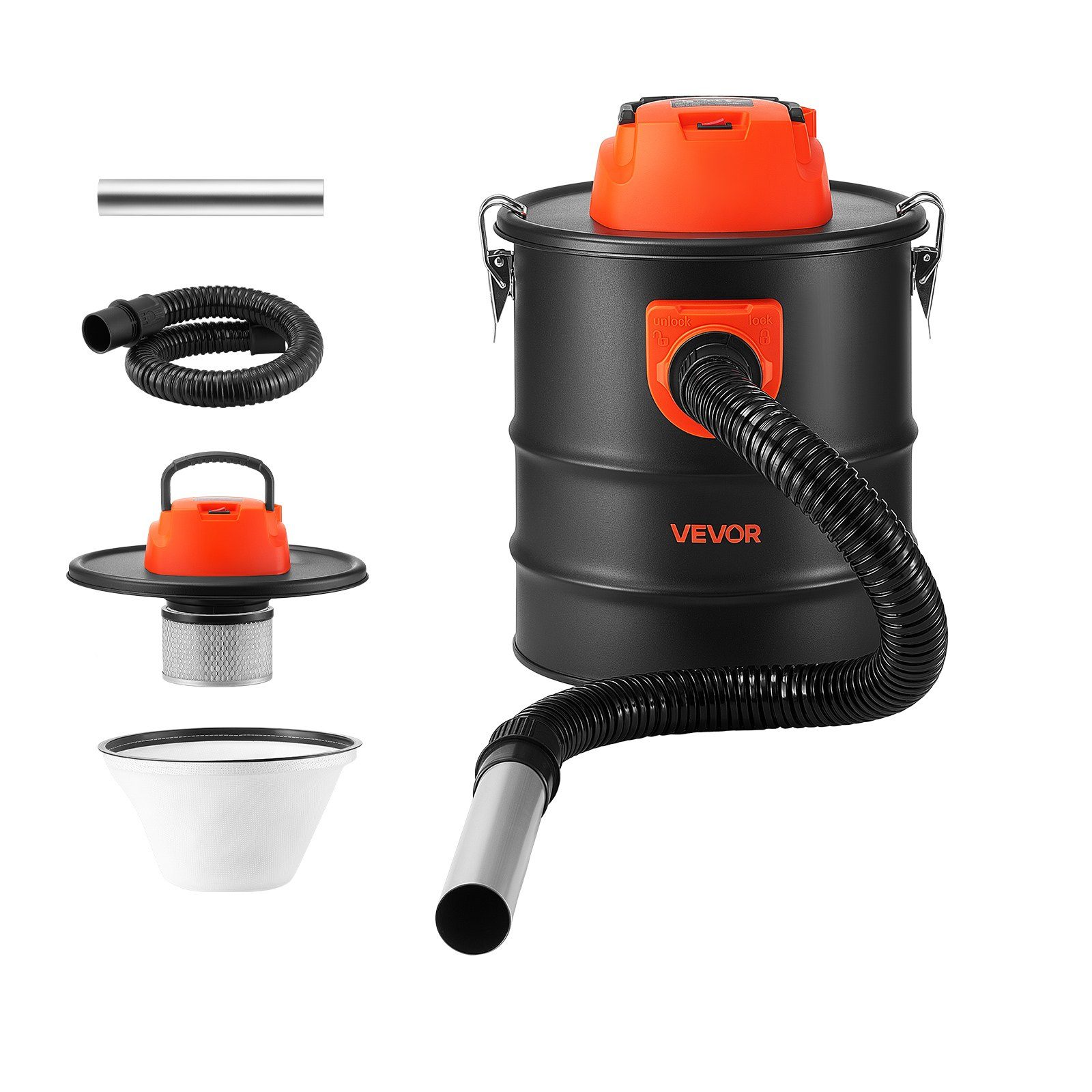 Teräsrunkoinen tuhkaimuri, 15 l, 1200 W, 2-vaiheinen suodatus ja 0,8 m letku, takoille, pelletti- ja puu-uuneille, tulisijoille ja grilleille, musta ja oranssi