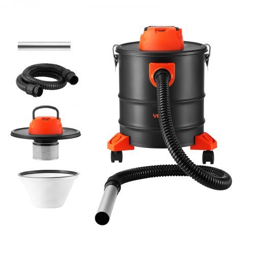 Pyörällinen teräsrunkoinen tuhkaimuri, 20 l, 1200 W, 2-vaiheinen suodatus ja 1,2 m letku, takoille, pelletti- ja puu-uuneille, tulisijoille ja grilleille, musta ja oranssi