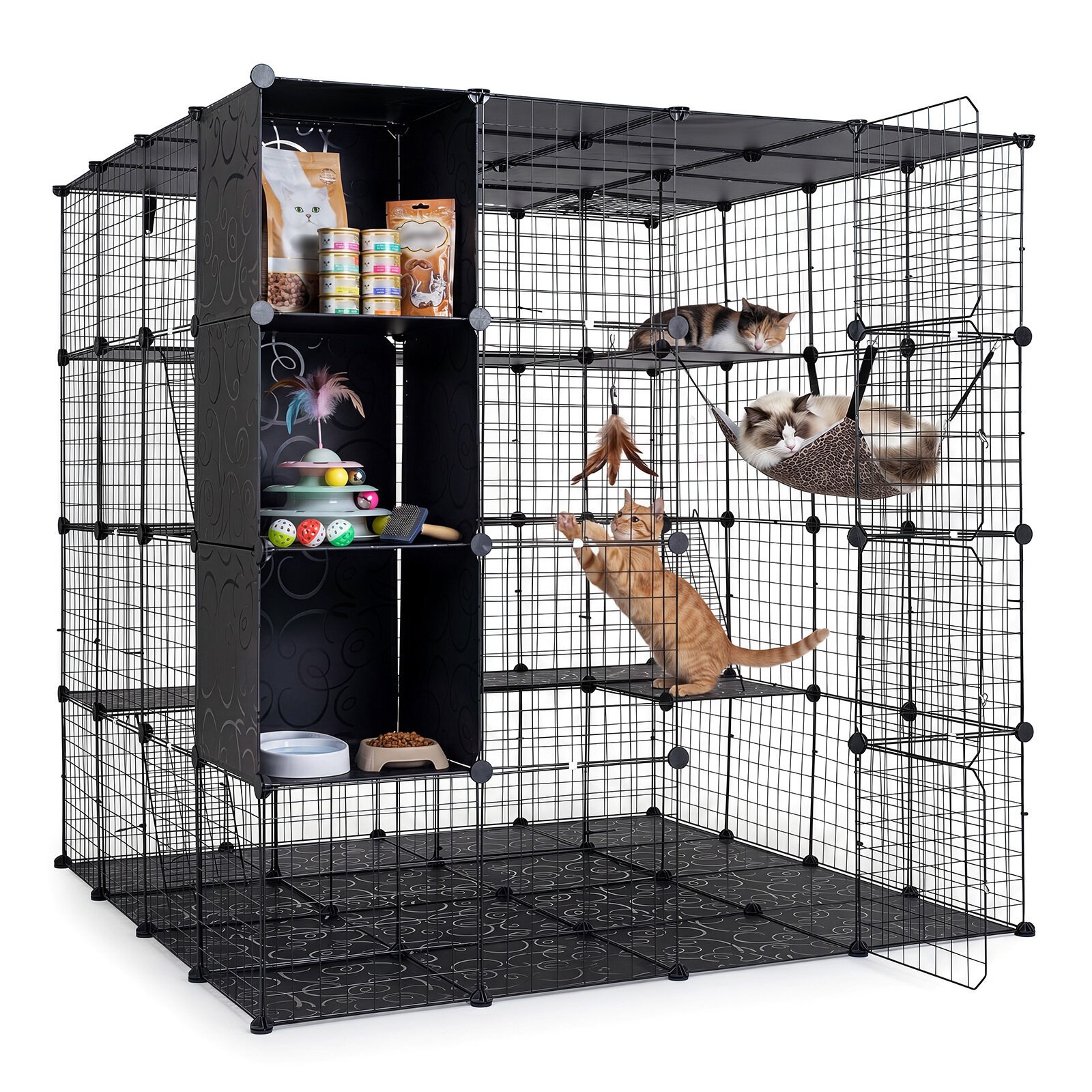 Modulaarinen kissanhäkki, kokoontaitettava kissan aitaus leikkiaitauksella, 144 x 144 x 142 cm, musta