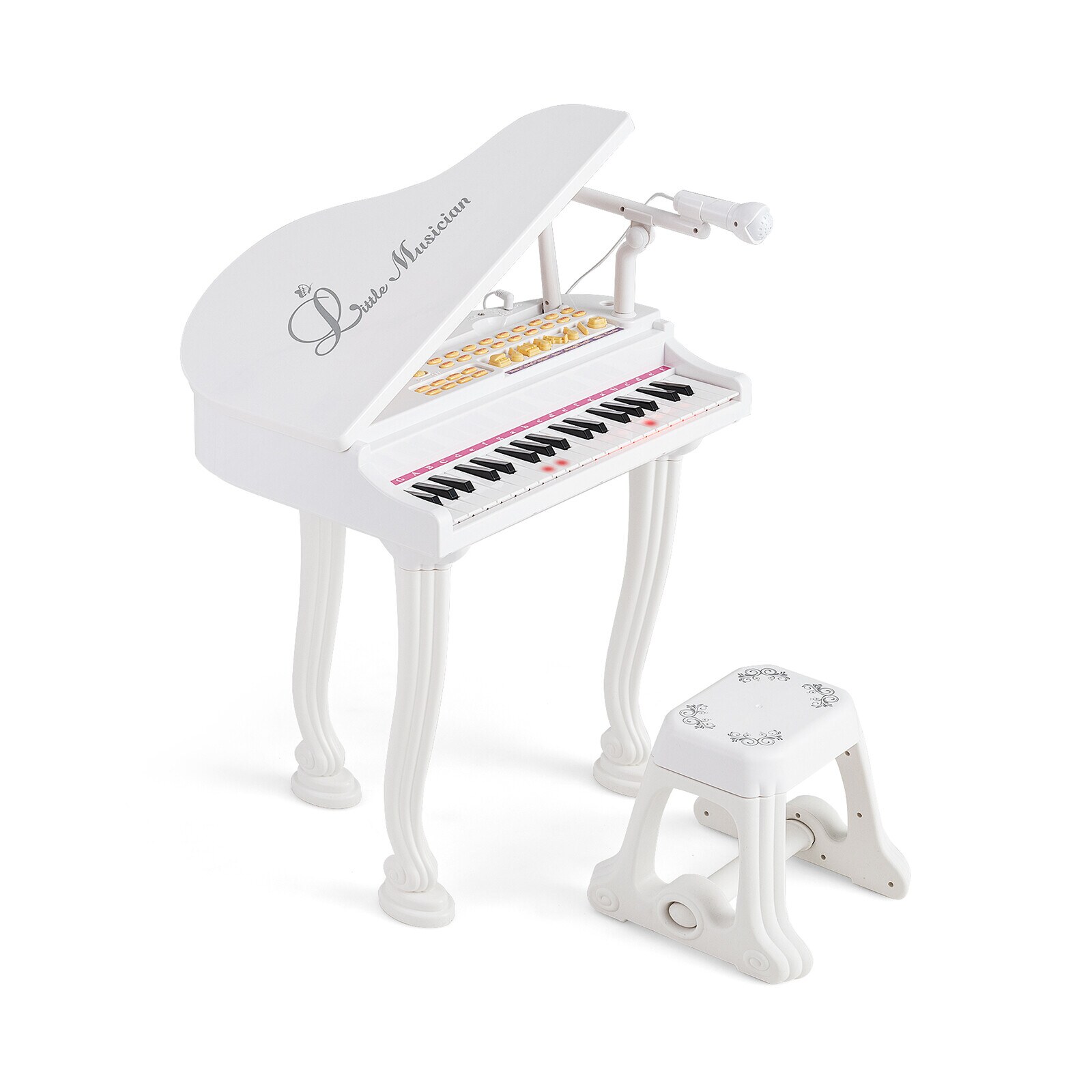 37 kosketinta lasten pianokoskettimisto jakkaralla ja pianokannella - valkoinen