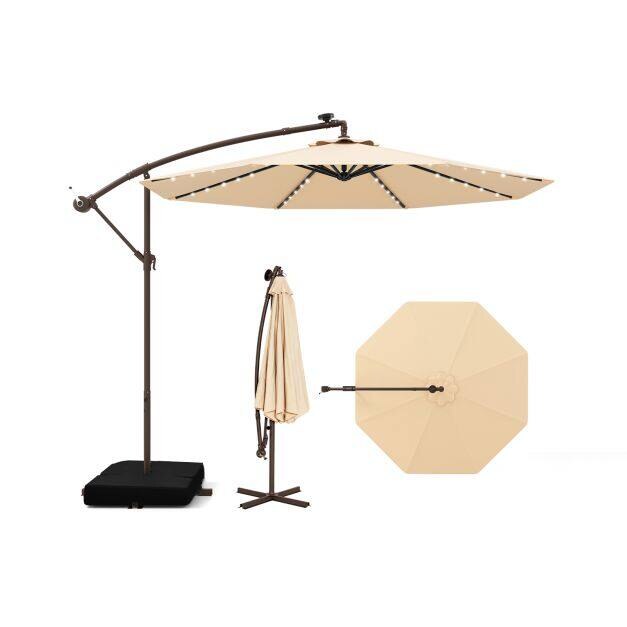 300 cm riippuva offset-varjo 40 LED-valolla, aurinkopaneelilla ja paristoilla - beige