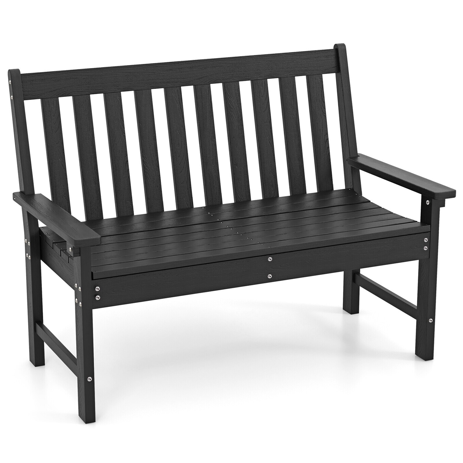 132 cm säänkestävä HDPE-ulkopenkki selkänojalla ja käsinojilla - musta
