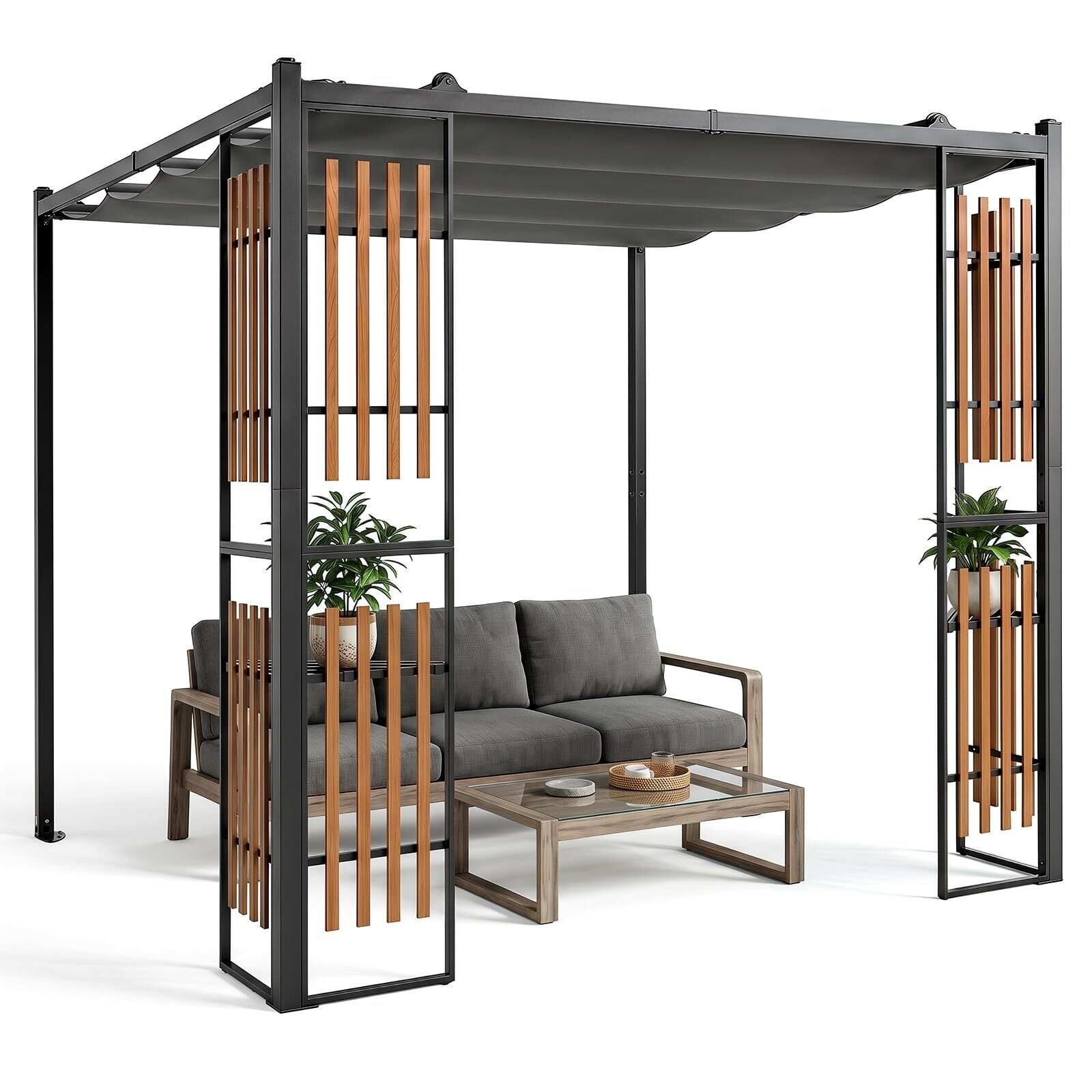 Pergola-ulkopaviljonki, puutarhapaviljonki 4 väliseinällä, 2 hyllyä, säädettävä katto, metallirunko ja 8 kiilaa