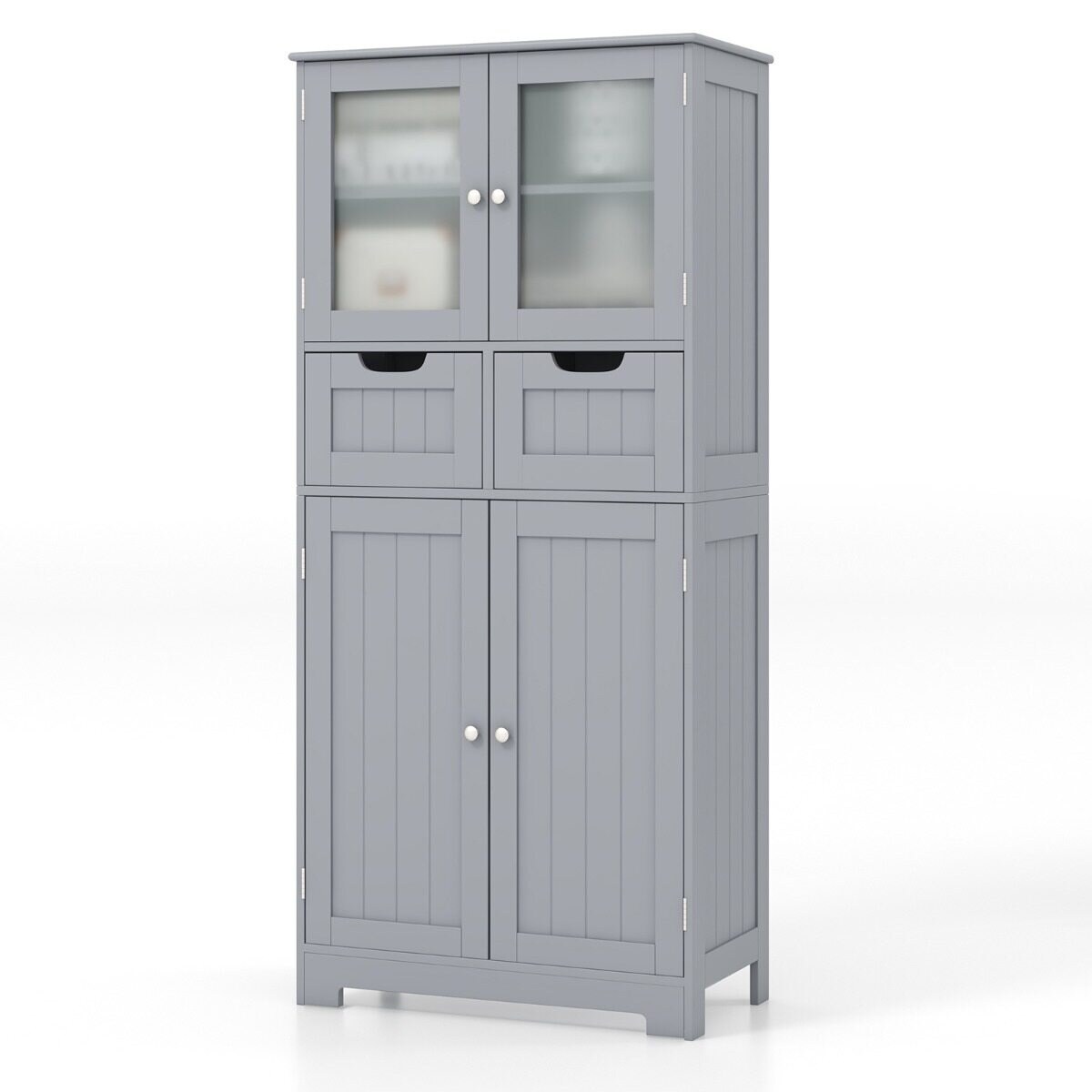 Kylpyhuoneen kaappi, jossa 4 ovea ja 2 laatikkoa, korkea kylpyhuoneen pylväskaappi, säädettävät hyllyt, olohuoneeseen, keittiöön, 60x30x128 cm, harmaa