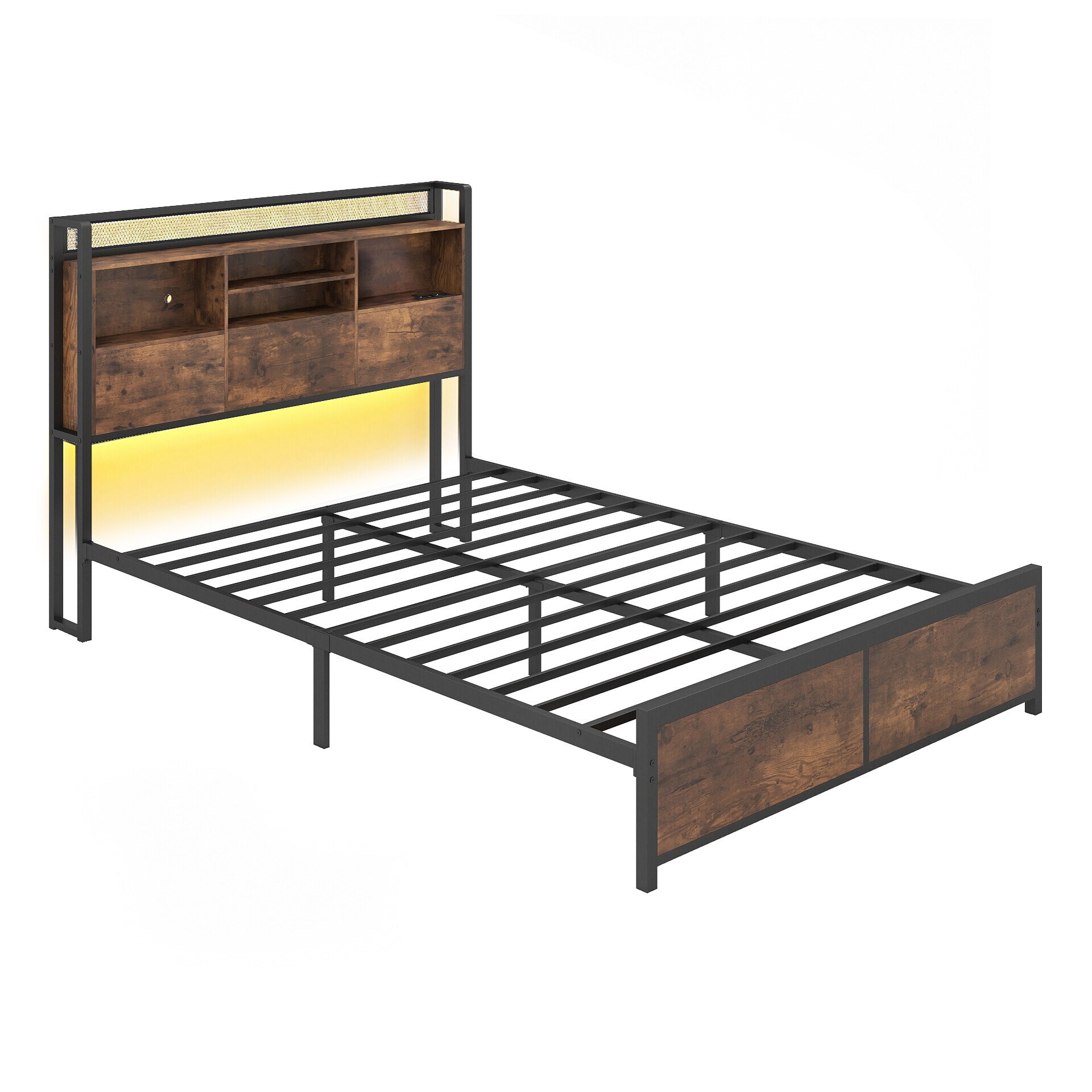 Parisängynrunko LED-valoilla ja latausasemalla, metallinen sängynpääty säilytystilalla, maalaismainen ruskea 220 x 143 x 113 cm