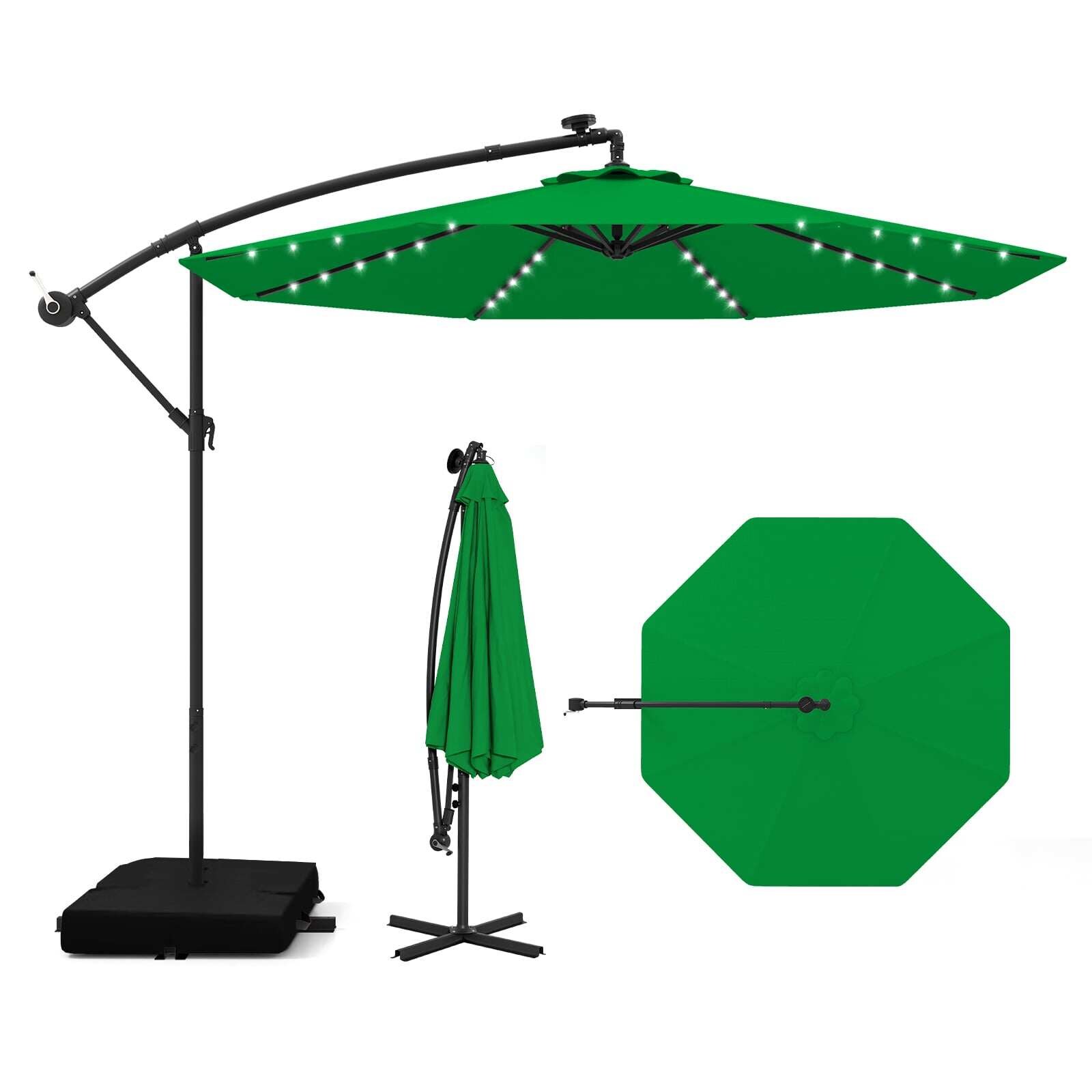 Ø 300 cm ulokevarjo, 40 aurinkokenno-LED-valoa, hiekkasäkit, kampi ja UV-suoja, vihreä varjo