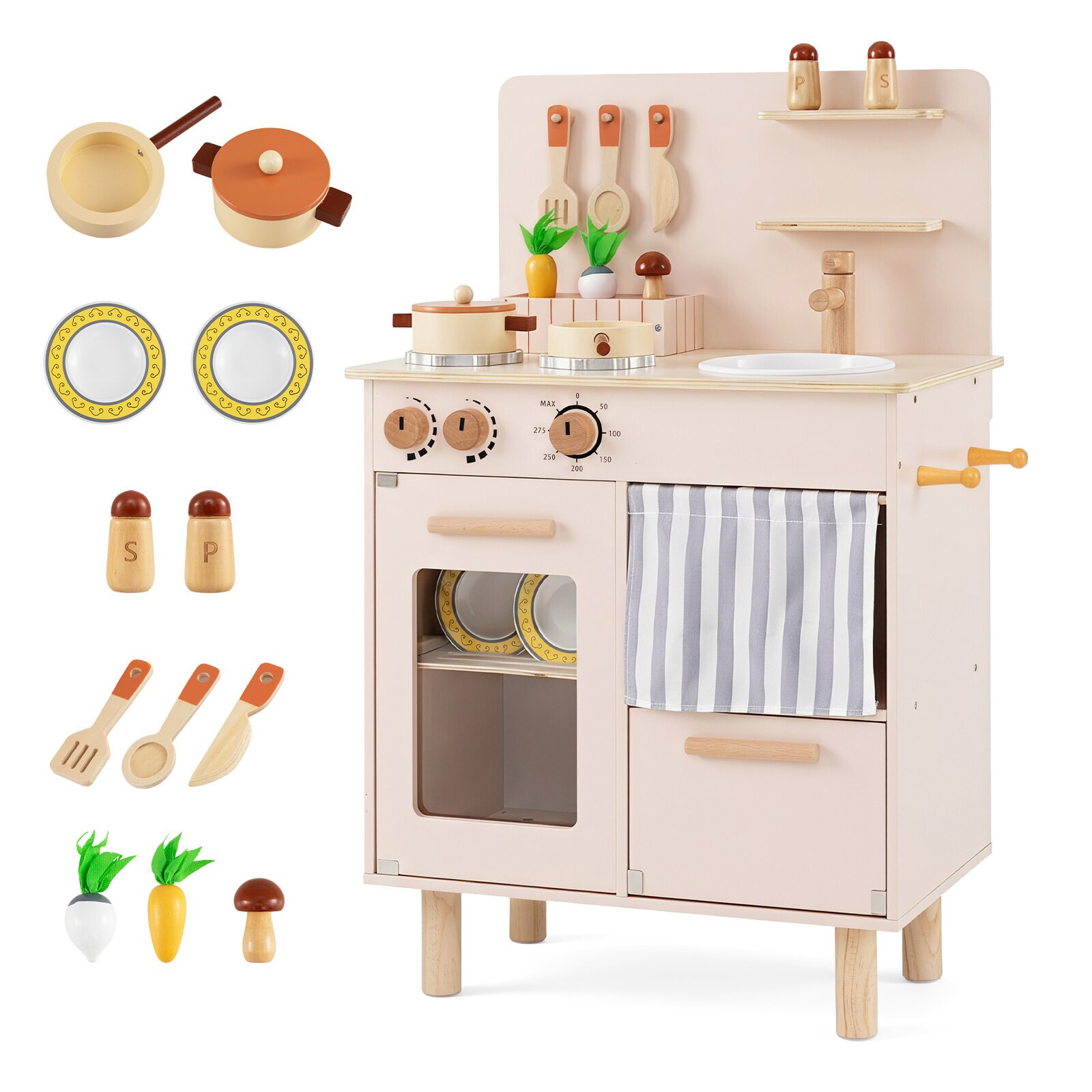 Puinen leikkikeittiö lapsille, taaperoiden keittiöleikkisetti, liesi, hana ja pesuallas - beige