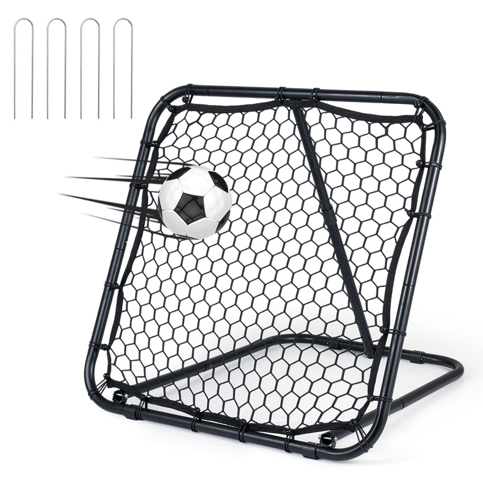 Jalkapallopallon rebounderi, jossa 7 säädettävää kulmaa ja 4 maakiilaa