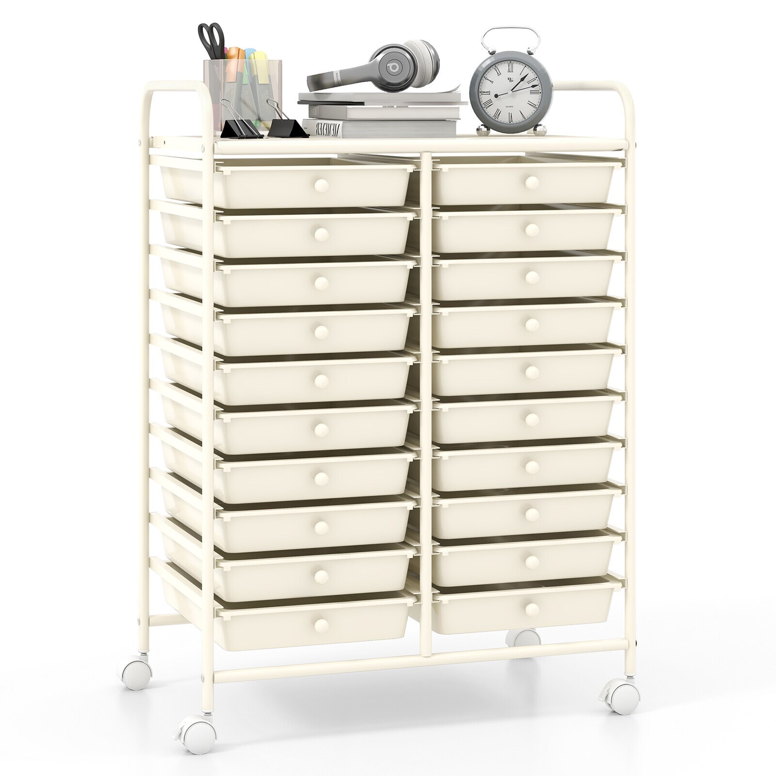 Säilytysvaunu pyörillä, pyörät, laatikoilla, beige