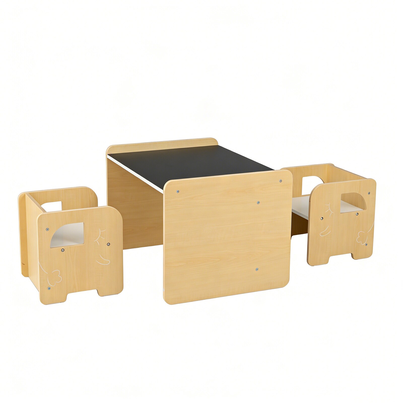 Lasten pöytä norsutuoleilla, 3-osainen setti liitutaululla ja 2 jakkaralla, modulaarinen ja Montessori-muotoilu, 30 kg + 50 kg kantavuus, luonnonvärinen
