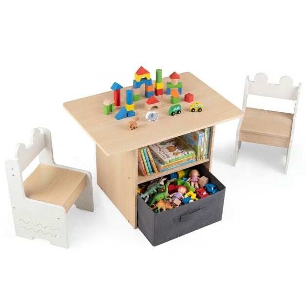 Lasten pöytä ja tuolisarja, puinen taaperoiden aktiviteettipöytäsetti, jossa 2 avointa lokeroa - valkoinen