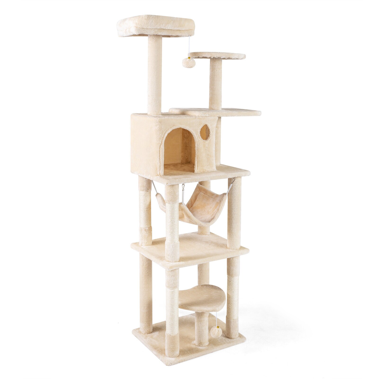 168 cm korkea monikerroksinen kissatorni kahdella orrella - beige