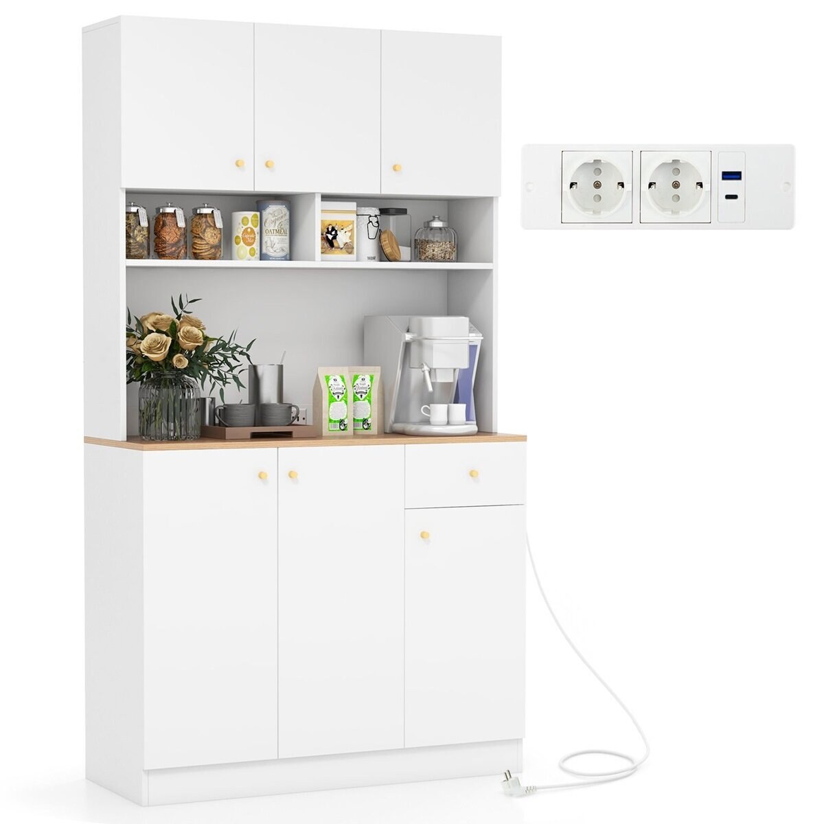 Ruokakomerokaappi pistorasioilla, USB-porteilla, kaatumisesteillä ja 3-asentoon säädettävillä hyllyillä 100x40x181cm valkoinen