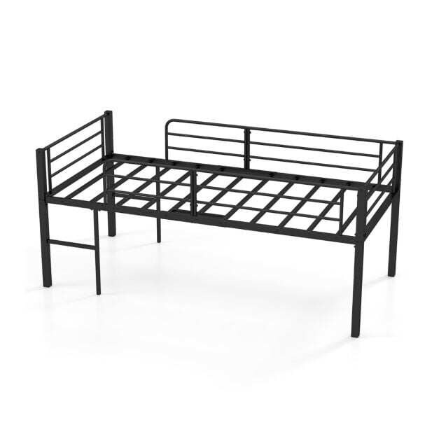 Matala parvisängyn runko, metallinen, turvakaiteet ja kaksi tikasta, musta.