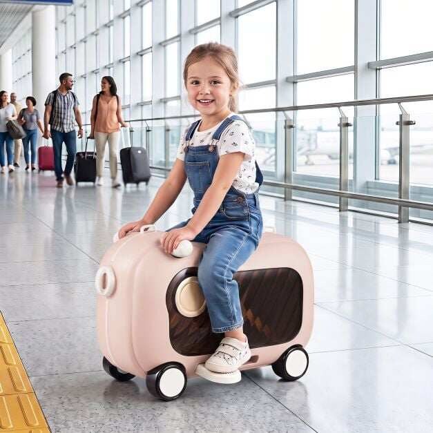 Pyörällinen taaperoiden matkalaukku pyörillä, taittuvat sivupolkimet ja istuin, kantavuus 25 kg, pinkki