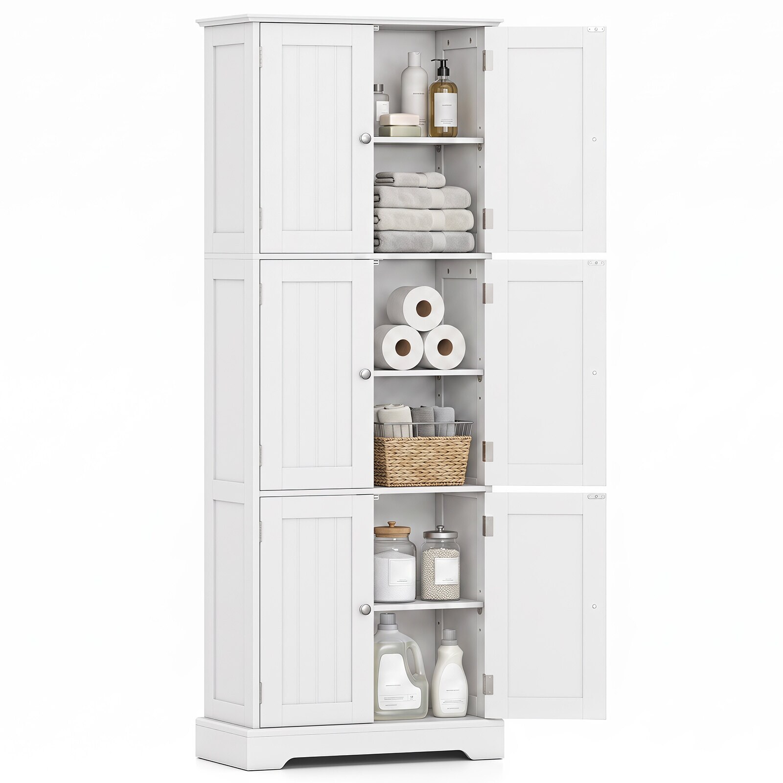 Säilytyskaappi, 160 cm, säädettävät hyllyt, ovilla, hyllyillä, valkoinen