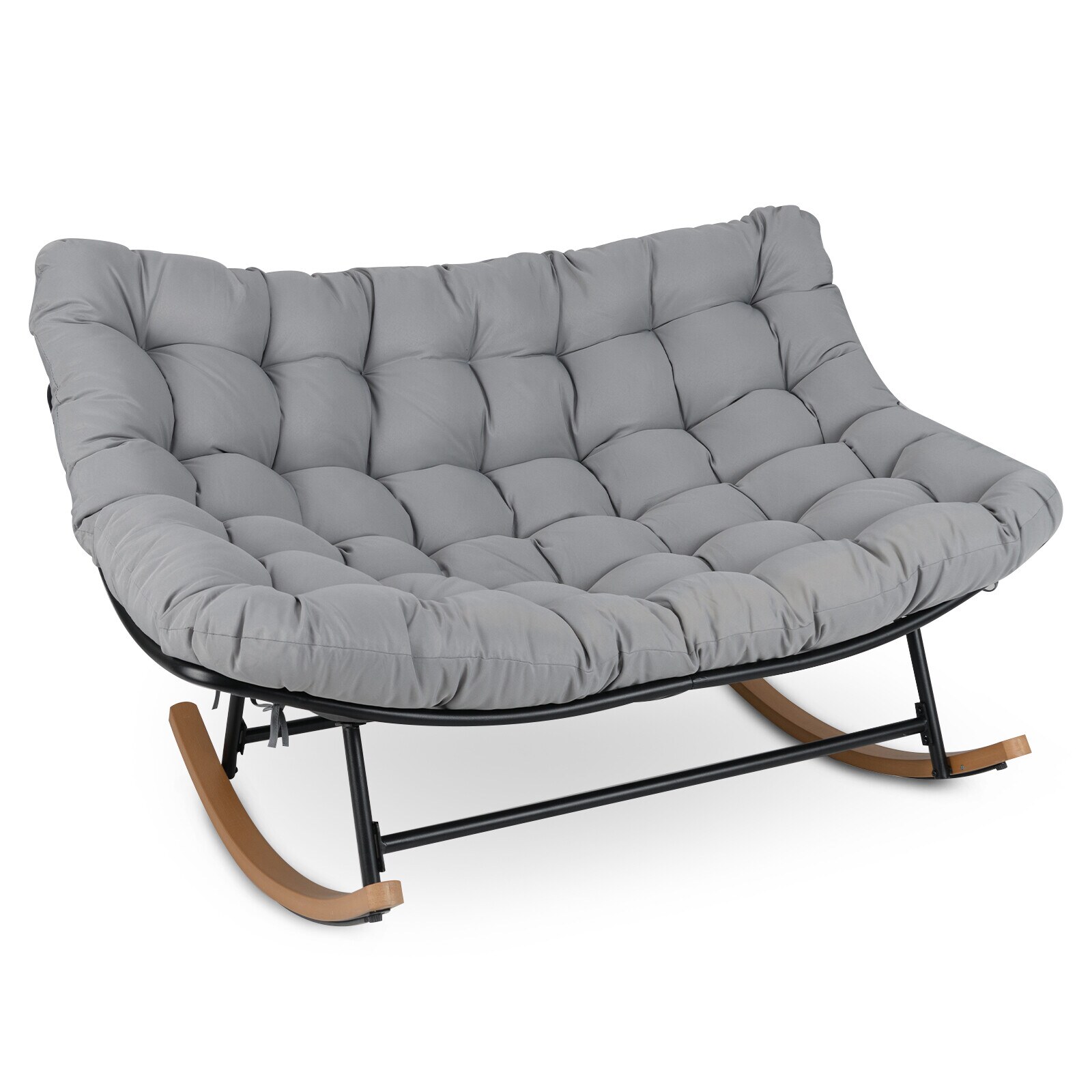 Papasan tuplakeinut kahdelle hengelle, iso metallinen sohva (320 kg) paksulla tyynyllä, harmaa keinutuoli, munanmuotoinen