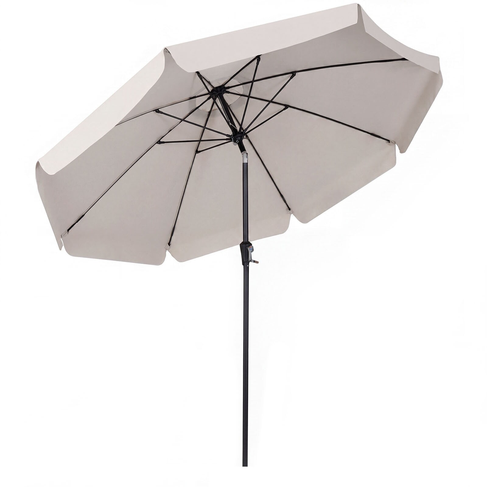 3 m terassivarjo aaltoilevalla reunalla, painonappikallistuksella ja 8 lasikuiturivalla, beige