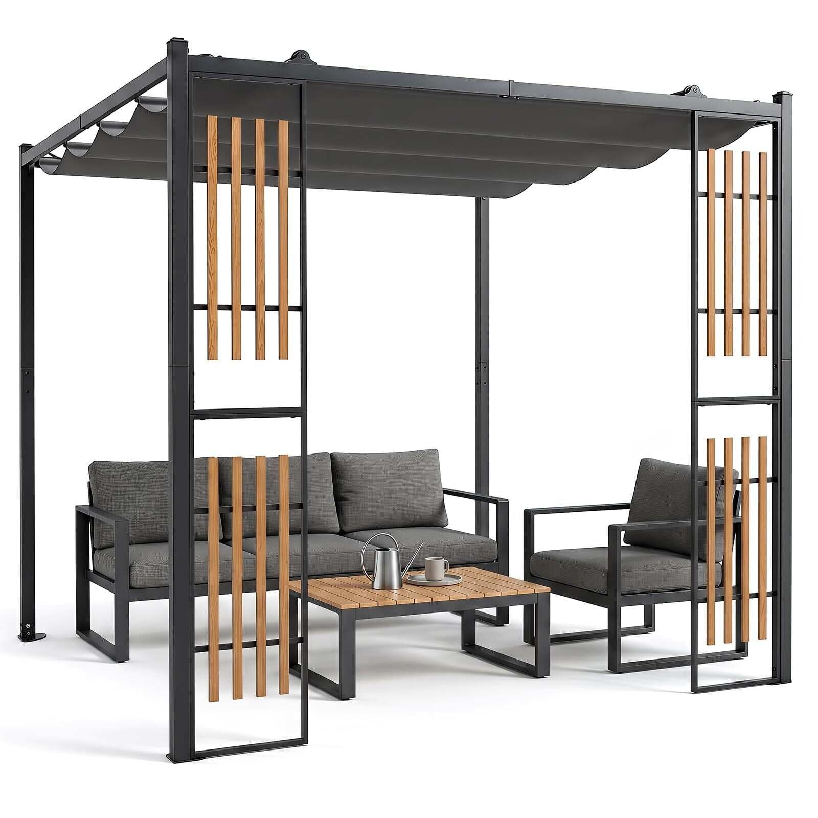 Puutarhapergola, jossa kaksi sälettä pihalle - harmaa