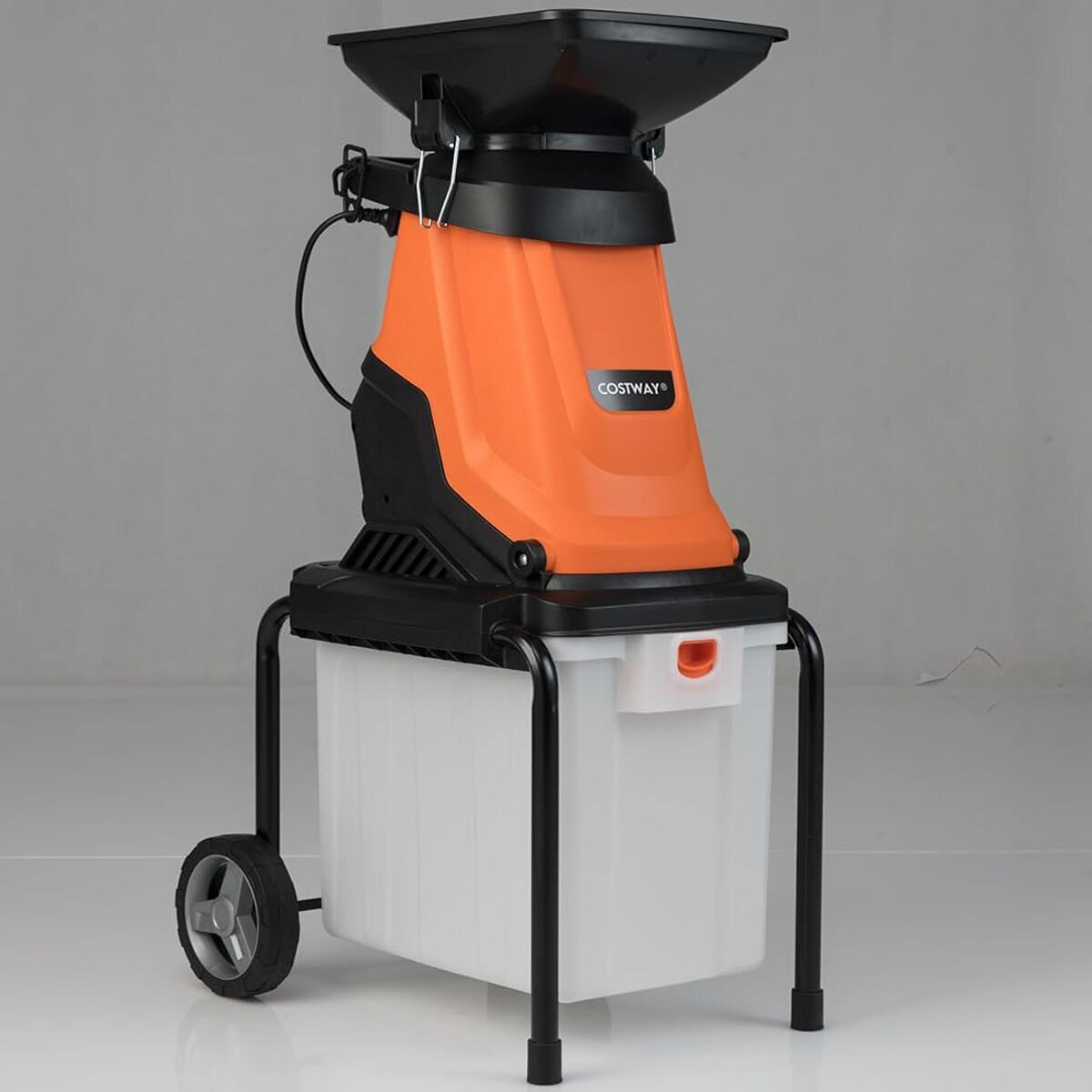 3000 W sähköinen silppuri, puutarhasilppuri, 50 litran keräysastia, 45 mm:n leikkuuhalkaisija, täyttösuppilo, oranssit pyörät