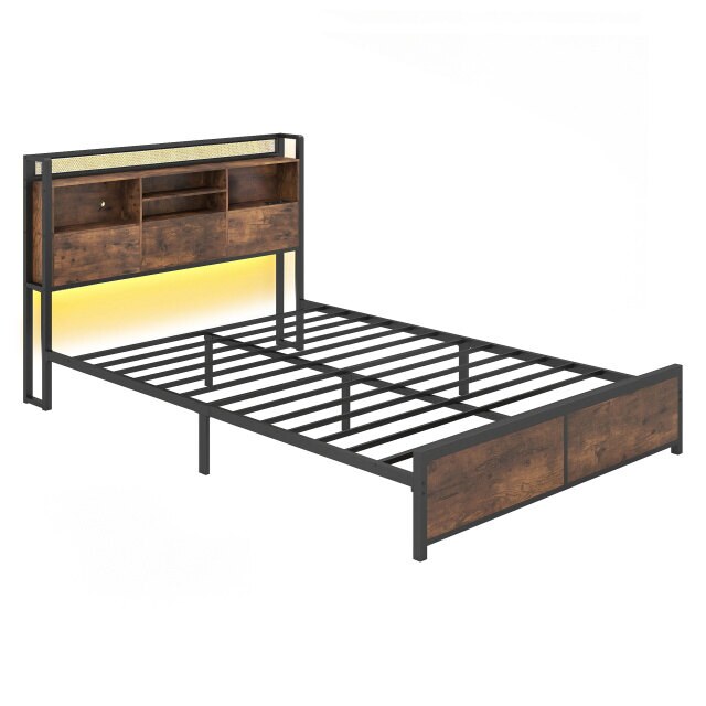 Parisängynrunko LED-valoilla ja latausasemalla, metallinen sängynpääty säilytystilalla, maalaismainen ruskea 220 x 163,5 x 113 cm