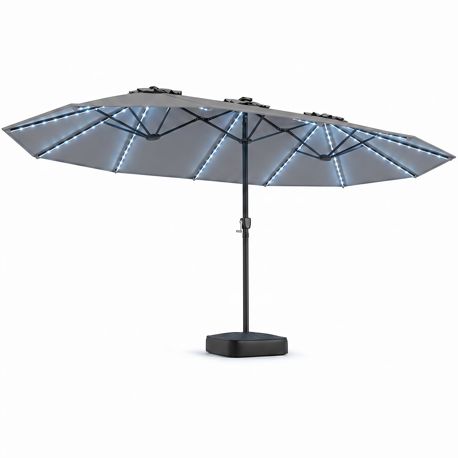 Aurinkovarjo, 4,6 m, LED-valot, kahvalla, kaksipuolinen, harmaa