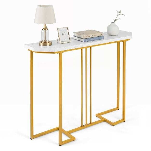 Konsolipöytä, kapea eteisen pöytä geometrisella metallirungolla ja vedenpitävällä pöytälevyllä, 110 x 30 x 91 cm