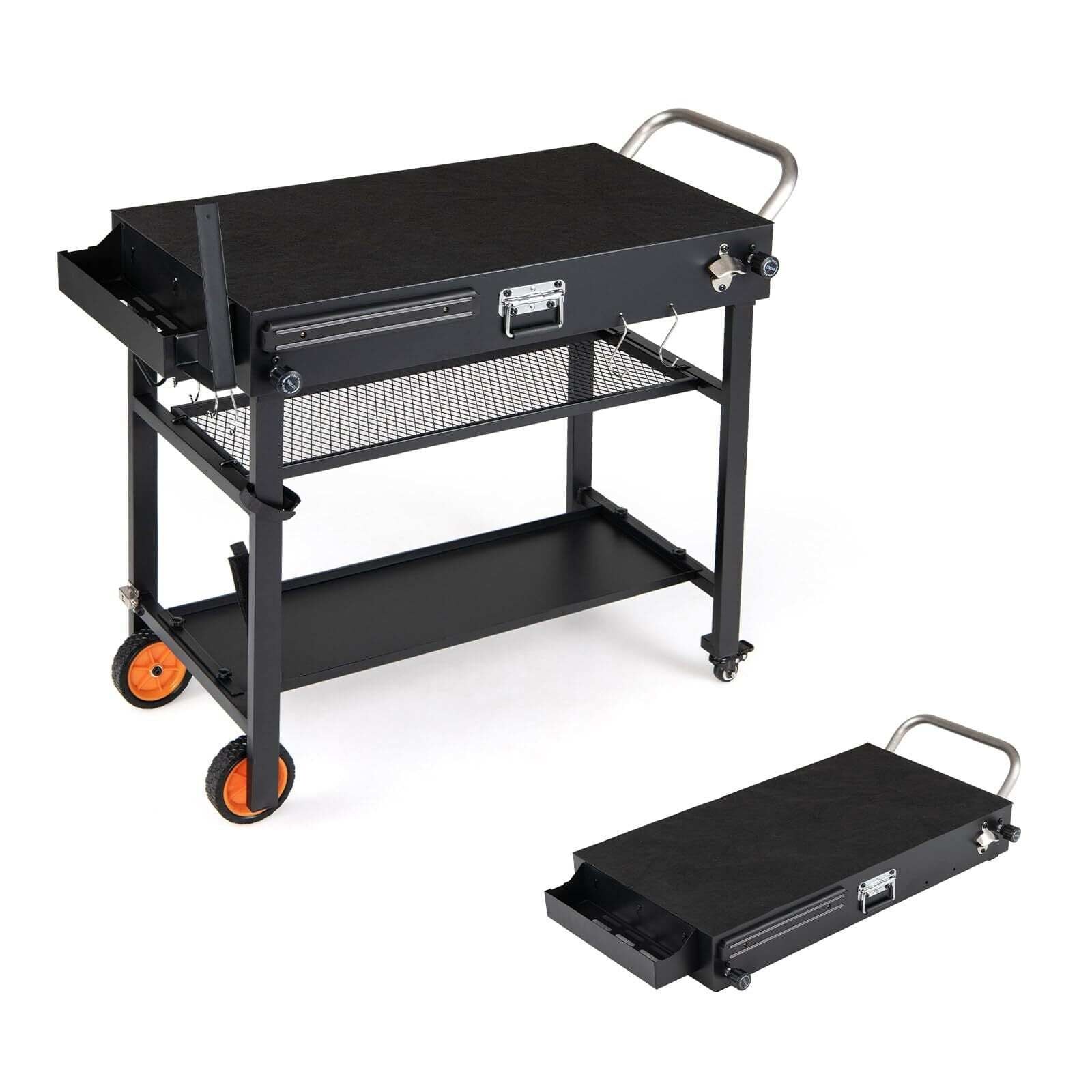 Kokoontaitettava grillikärry pyörillä ja lämmönkestävällä alustalla grillaukseen
