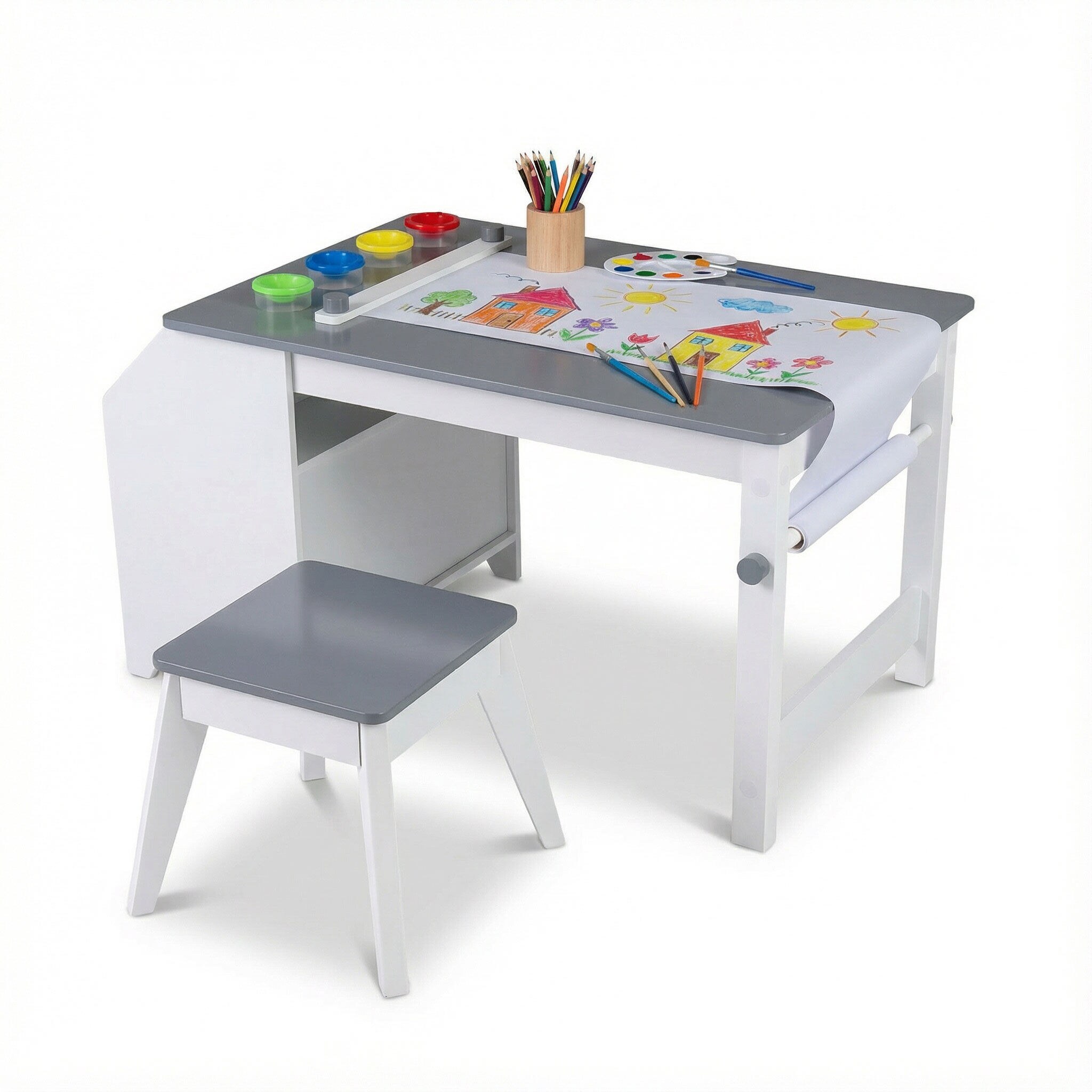 Lasten taidepöytä ja jakkara-setti, taaperoiden aktiviteettipöytä, paperirulla ja 4 maalikuppia piirtämiseen ja oppimiseen - harmaa