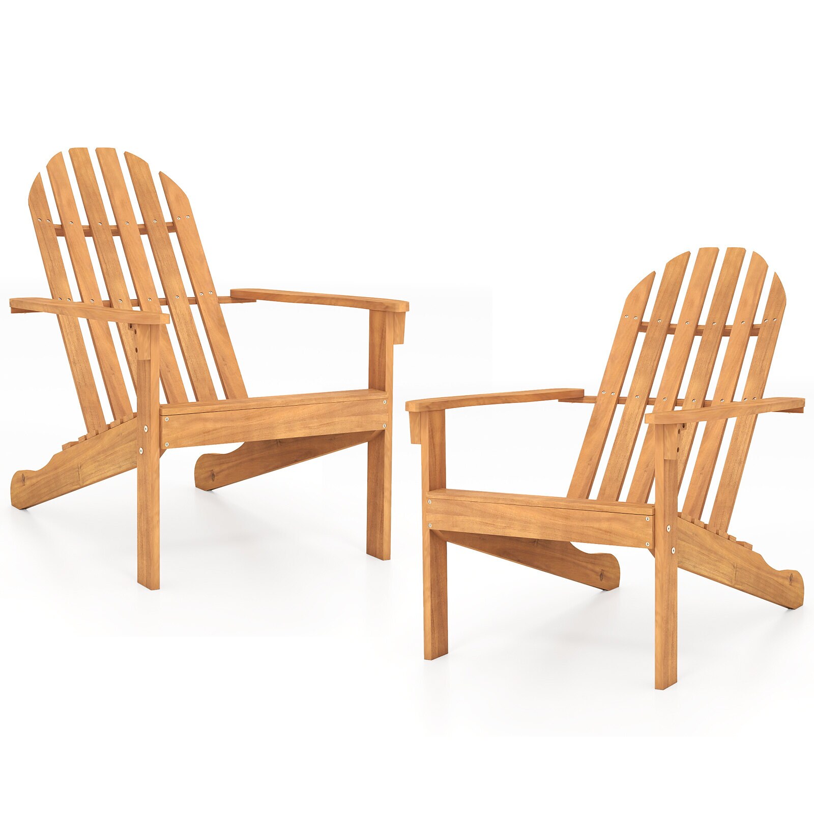 2 Adirondack-puutarhatuolin setti, akaasiapuuta, kalteva istuin ja korkea selkänoja, luonnollinen viimeistely