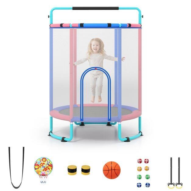 Lastentrampoliini 154 cm 6 in 1 Lastentrampoliini voimistelutangolla, keinulla ja renkailla, sininen