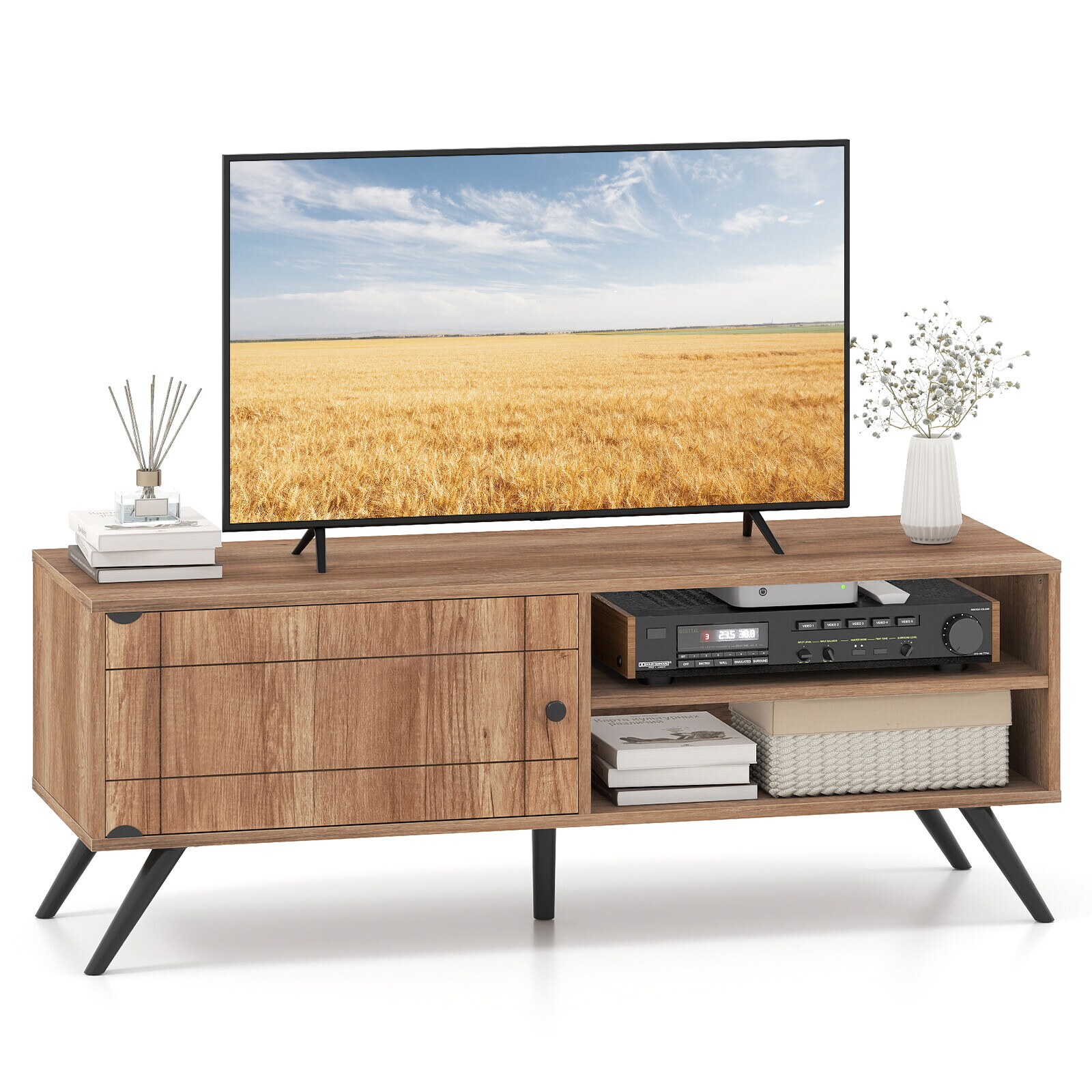 TV-taso televisioille jopa 140 cm, keski-luvun moderni viihdekeskus säilytyskaapilla - tammi