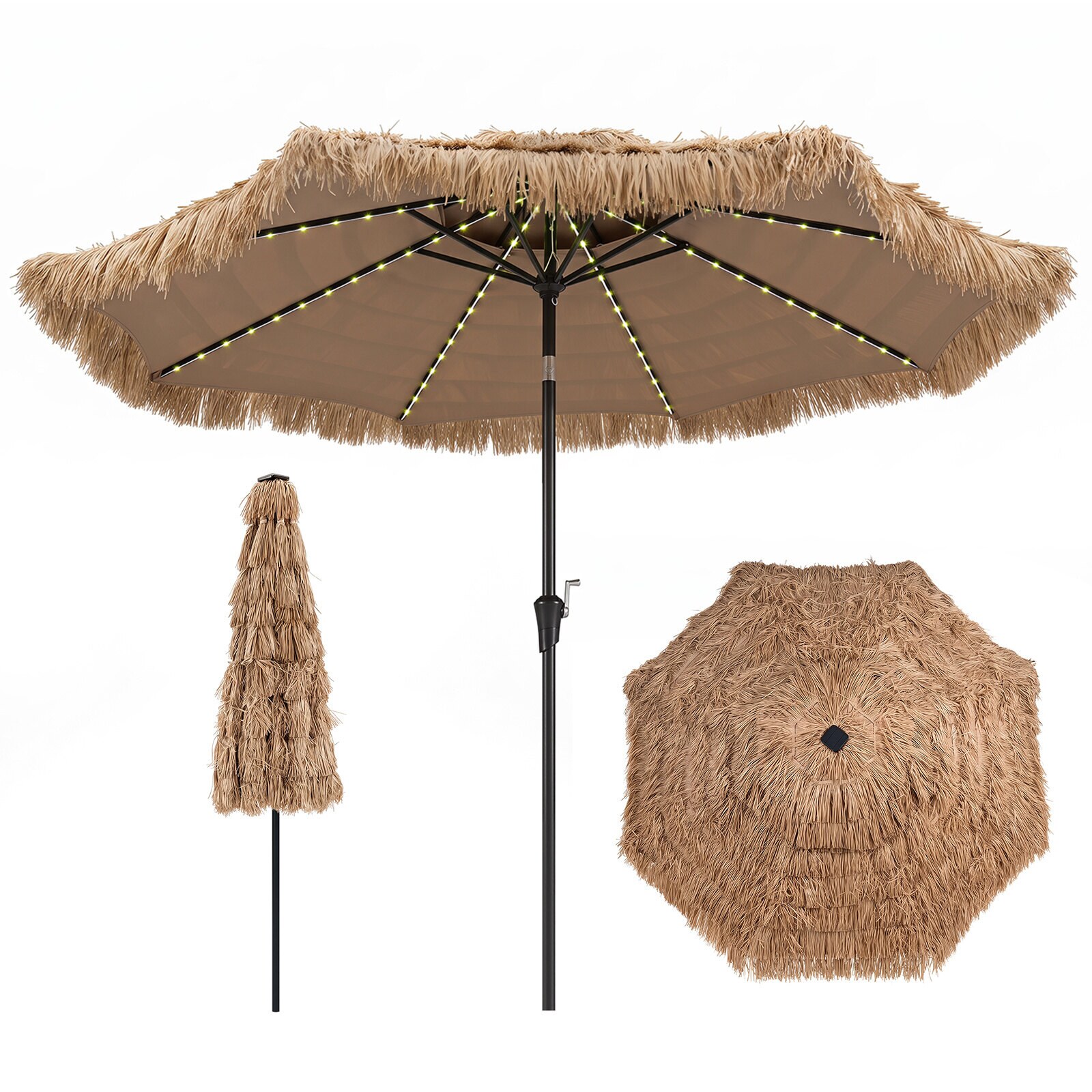 Havaijilainen päivänvarjo, 290 cm, olkavarjostin, 30° kallistus, LED aurinkovalolla, vaaleanruskea