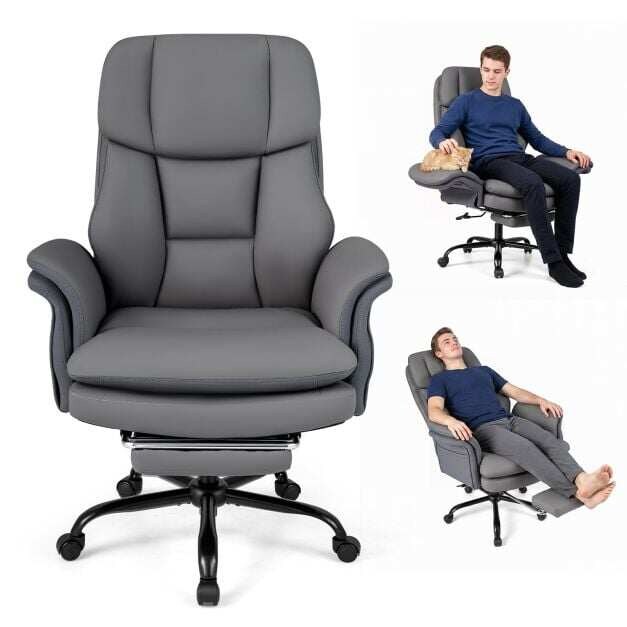 Ergonominen ristijalkainen toimistotuoli, iso ja korkea johtajan tuoli sisäänvedettävällä jalkatuella - harmaa