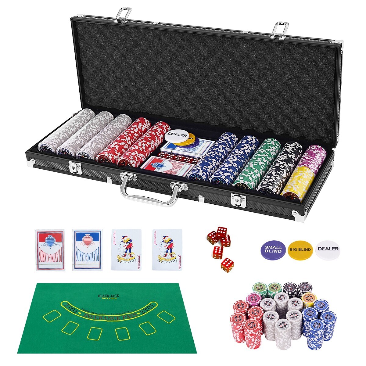Texas Hold'em -kortit, joissa on 500 Jetton ja nopat alumiinikotelossa - musta